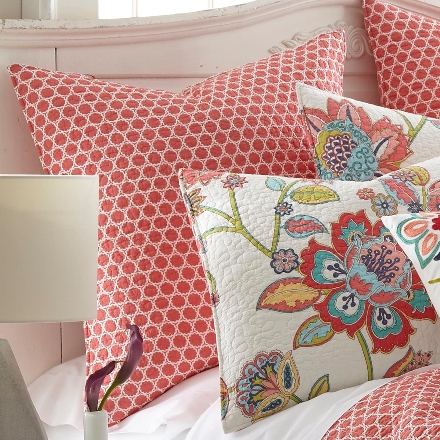 Levtex Home - Clementine Spring Quilt - Euro Sham Set of 2 - Trellis - Orange and White - Quilt (26x26in.), No Insert - Cotton