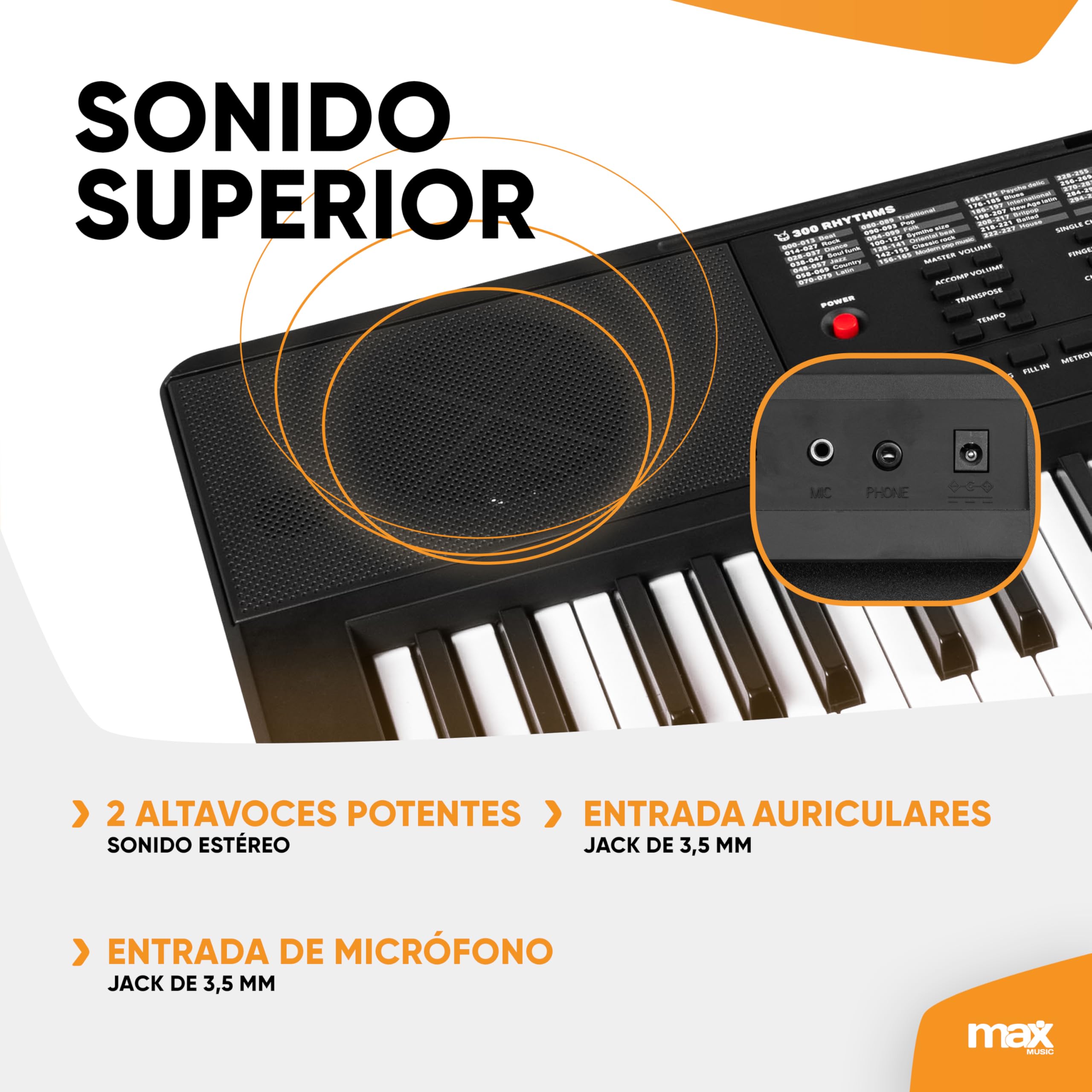MAX Rhapsody54 - Piano eléctrico de 54 teclas para principiantes, teclado con función de aprendizaje, pantalla, 50 canciones de demo, 300 sonidos, 8 percusiones, altavoces, soporte de teclado y atril