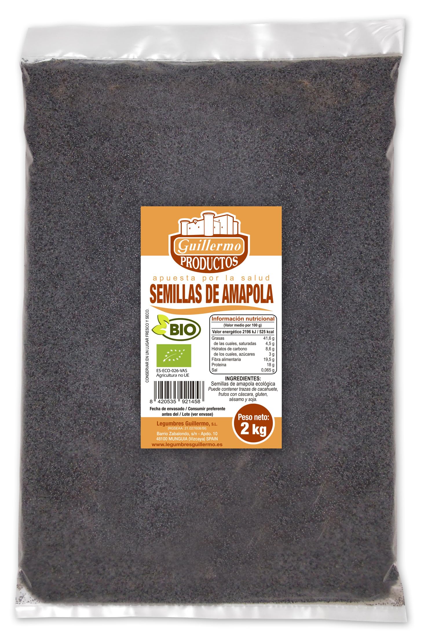 Guillermo | Semillas de amapola BIO - Bolsa 2 kg. | 100% ecológico | Fortalecen los huesos | Favorecen la digestión | Fuente de fibra