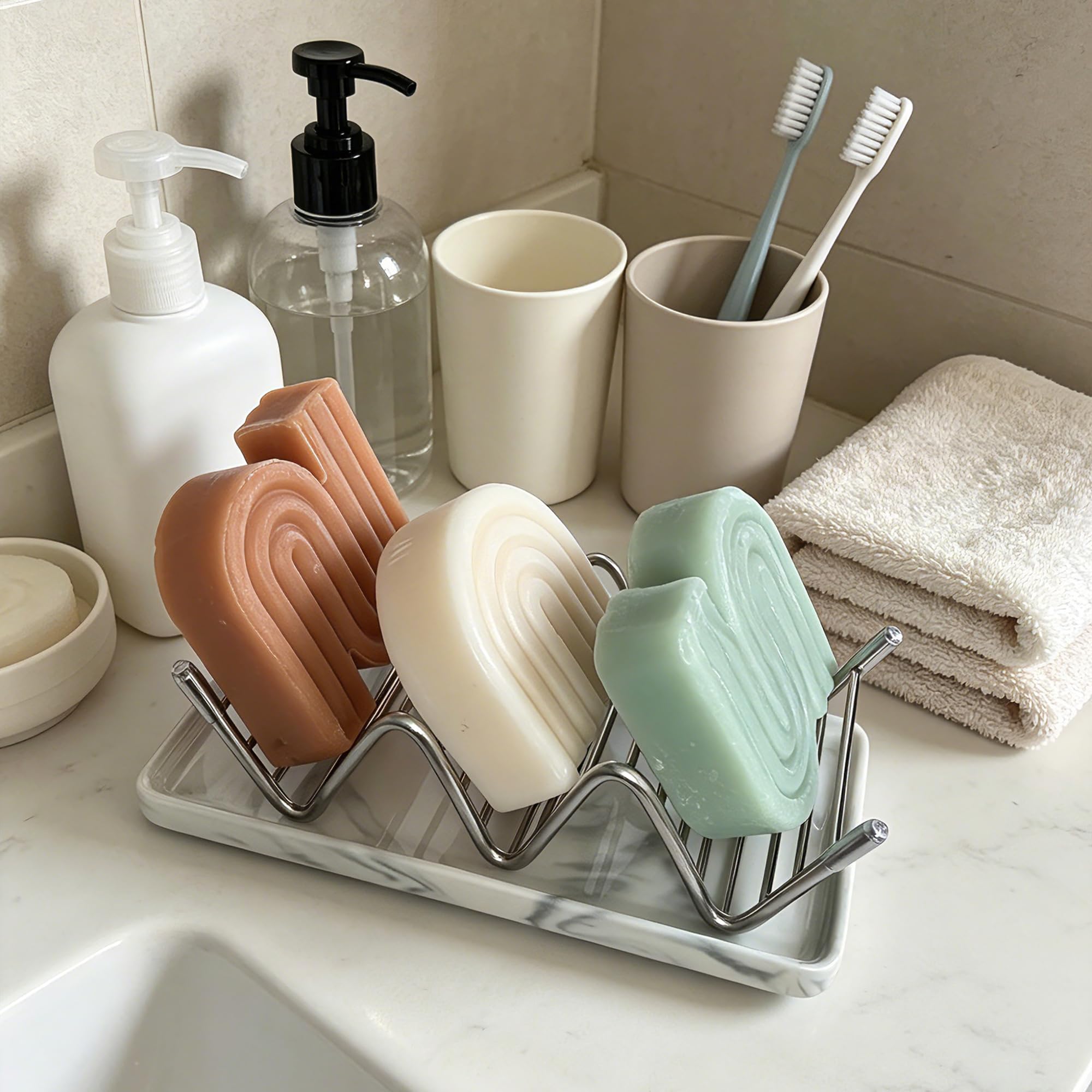 Jabonera, barra de ducha autodrenante de acero inoxidable con bandeja de cerámica, ahorrador de jabón estilo W para baño, fregadero, cocina y encimera (textura gris)