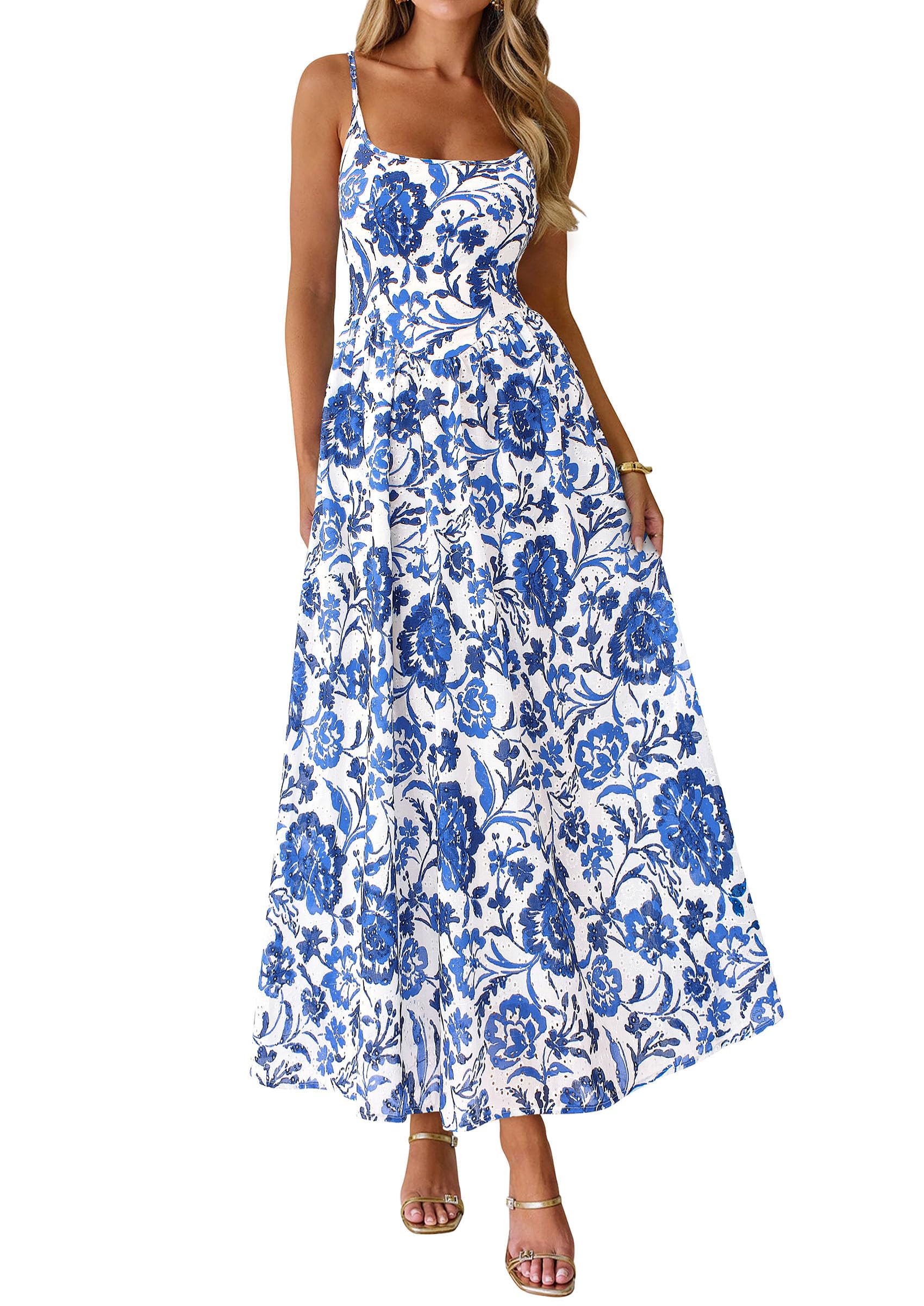 Women's Summer Boho Maxi Dress A Line Eyelet Floral Sundresses