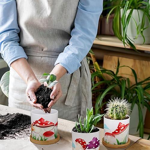 Miniatura 5 de Gejoy 6 macetas coloridas de hongos con orificio de drenaje y bandejas de bambú extraíbles, maceta de hongos, macetas para suculentas, macetas