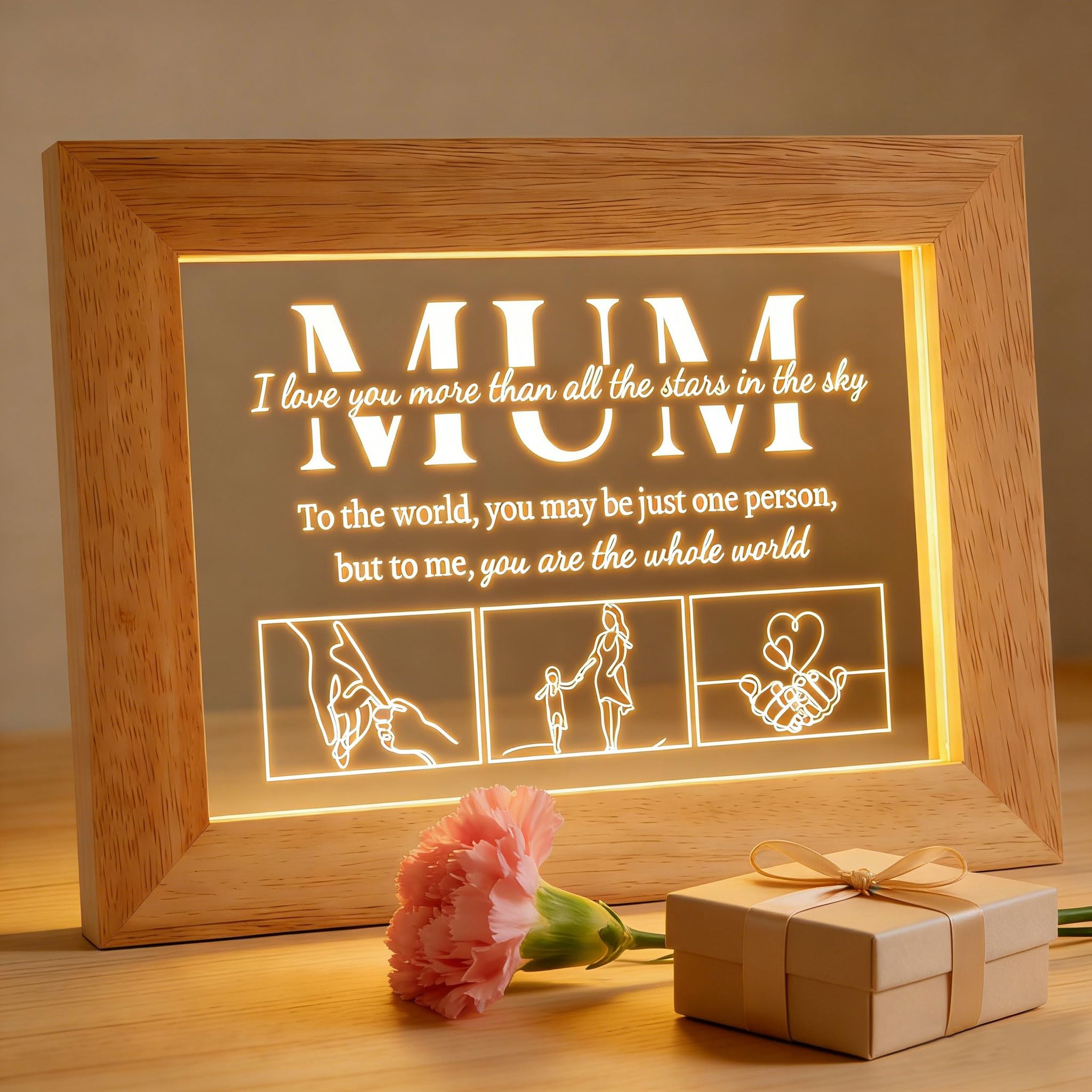 TourKing Mum Gifts from Daughter Son - Personalised Walnut Photo Frame Night Light for Mother's Day, Birthday, Retirement, Valentine's - LED Light Up Presents for Mummy, Grandma, Nan â image 1