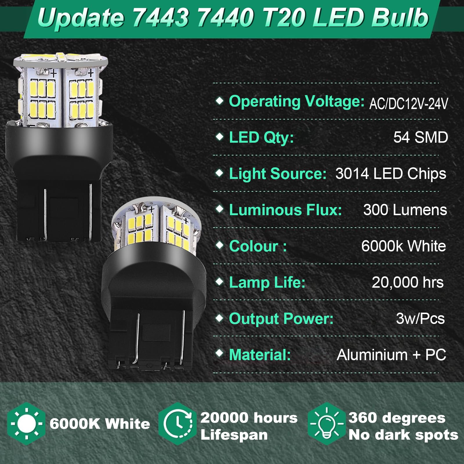 Bsxywa 7443 7440 T20 W21/5W Ampoules LED 12V 24V Blanc, Pour Voiture Feu de Recul, DRL Feux de Jours, Frein Stationnement Feu. (Lot de 2)
