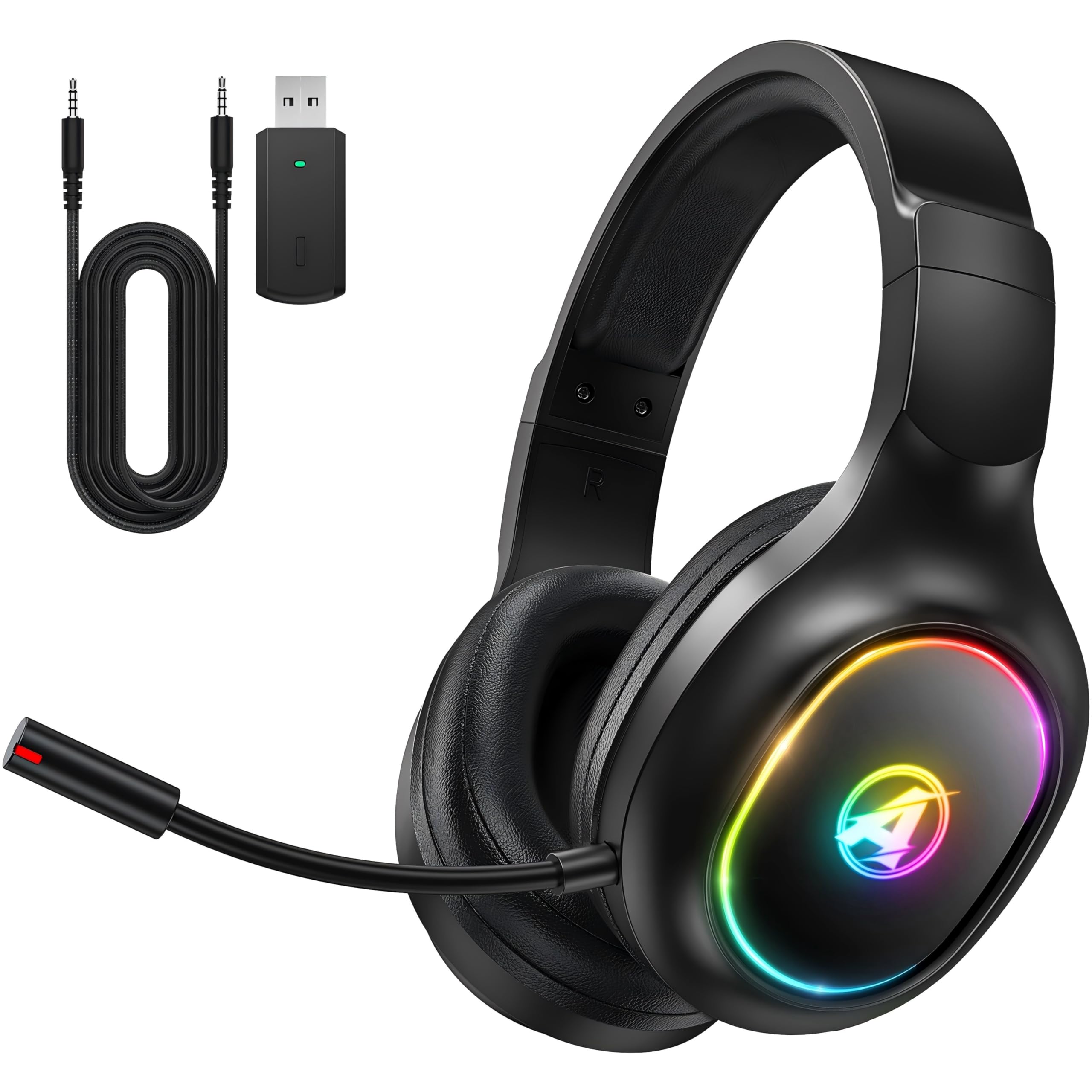 Wireless Gaming Headset für PS4, PS5, PC, Mac, Switch, 2,4 GHz Gaming Kopfhörer mit Geräuschunterdrückung und RGB Licht, Bluetooth Kopfhörer mit Kabel 3.5mm, Schwarz