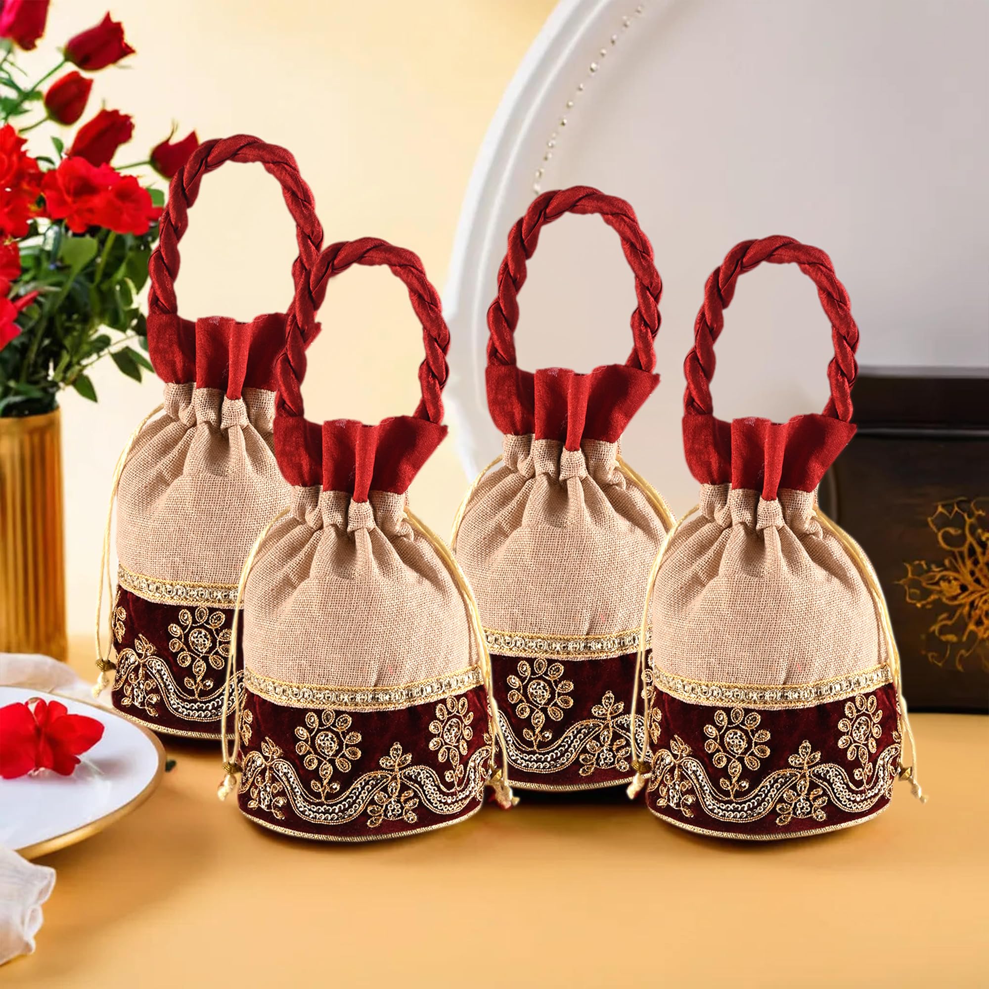 Kuber Industries Potli | Wedding Potli | Drawstring Potli with Handle | Wallet Potli | Christmas Gift Potli | Baby Shower Potli | Traditional Shagun Potli | Pack of 4 | Cream & Maroon (B0CSDB7JYW) Amazon Price History, Amazon Price Tracker