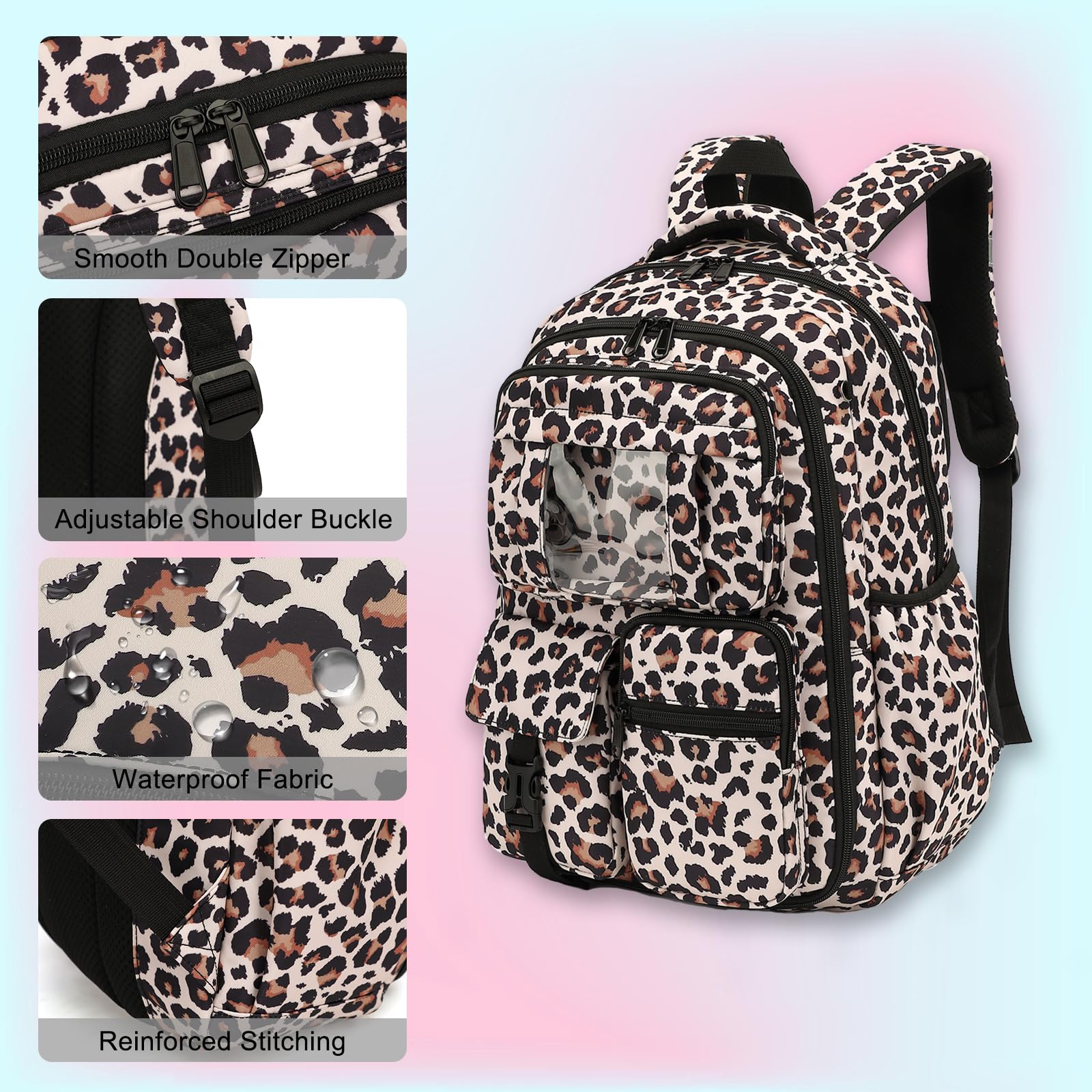 Schulrucksack für Mädchen, 3-teiliges Set, Grundschul-Büchertaschen mit Lunchbox, Federmäppchen, Leopard, Medium, Modern