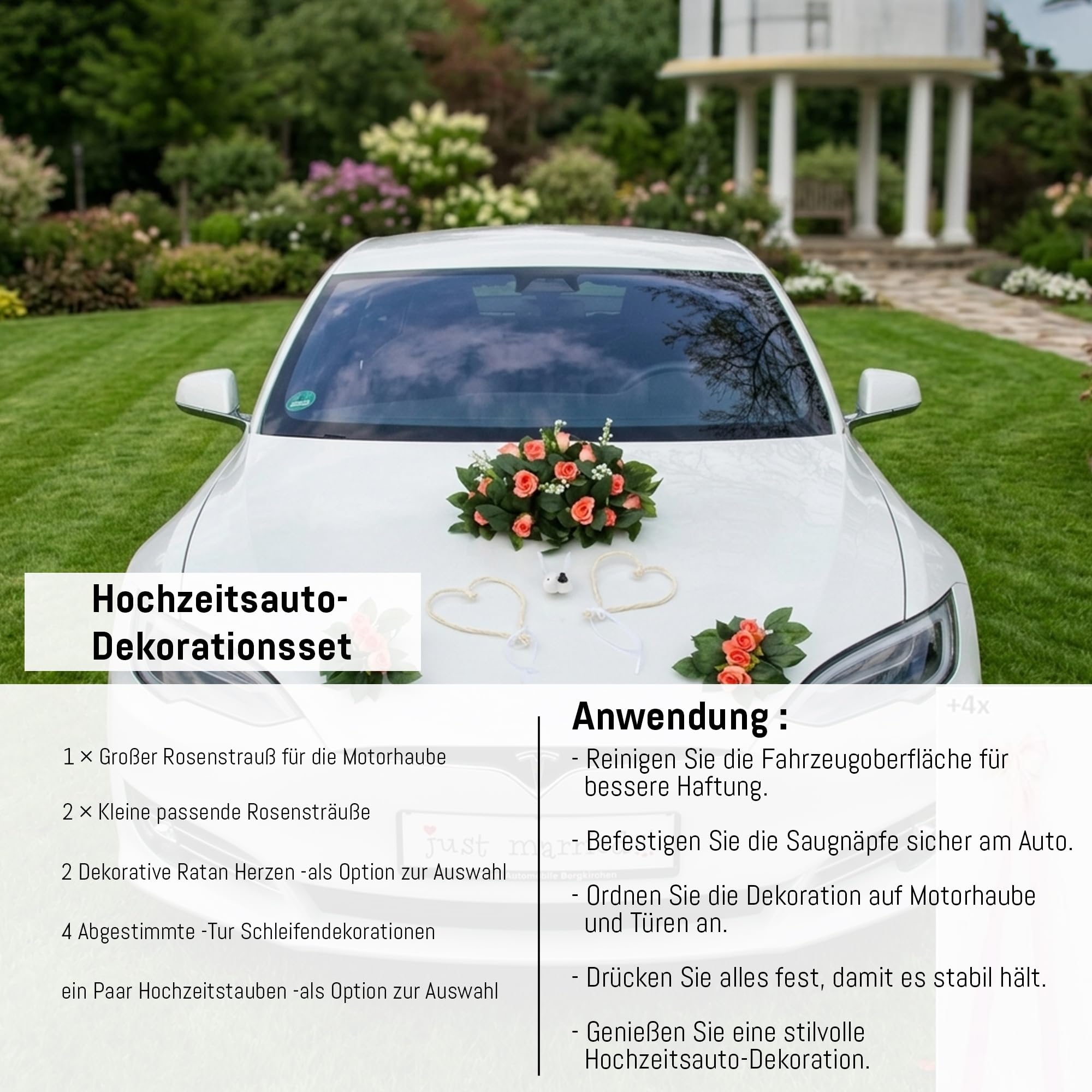 Véritable bouquet de roses - Décoration de voiture - Couple de roses - Colombes - Cœurs et colombes