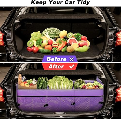 Miniatura 2 de Organizador de maletero de automóvil con bolsa enfriadora individual, almacenamiento plegable de 3 compartimentos para SUV (morado)