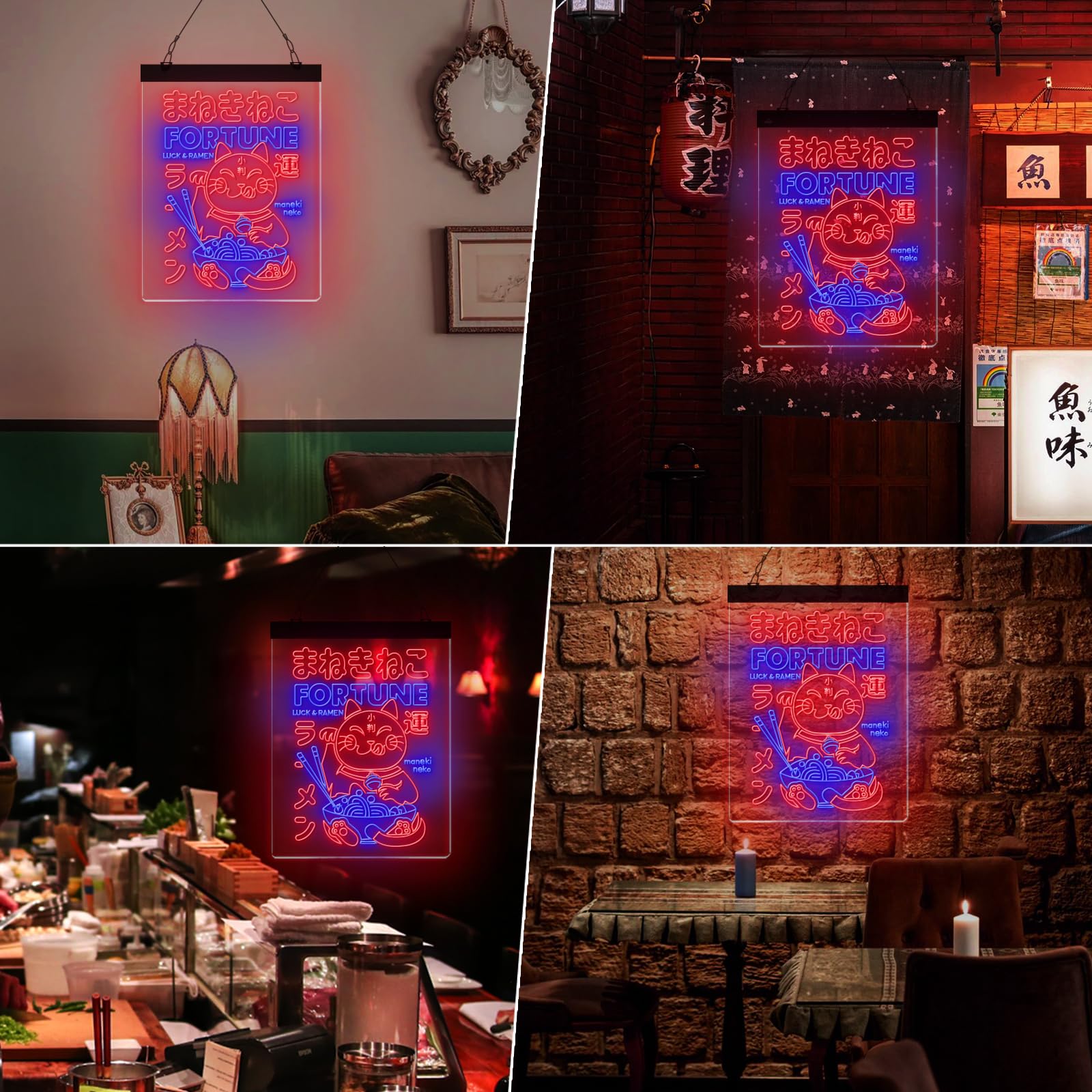 MiMaik Maneki Neko Ramen Neon Sign, Handmade Lucky Cat LED Light