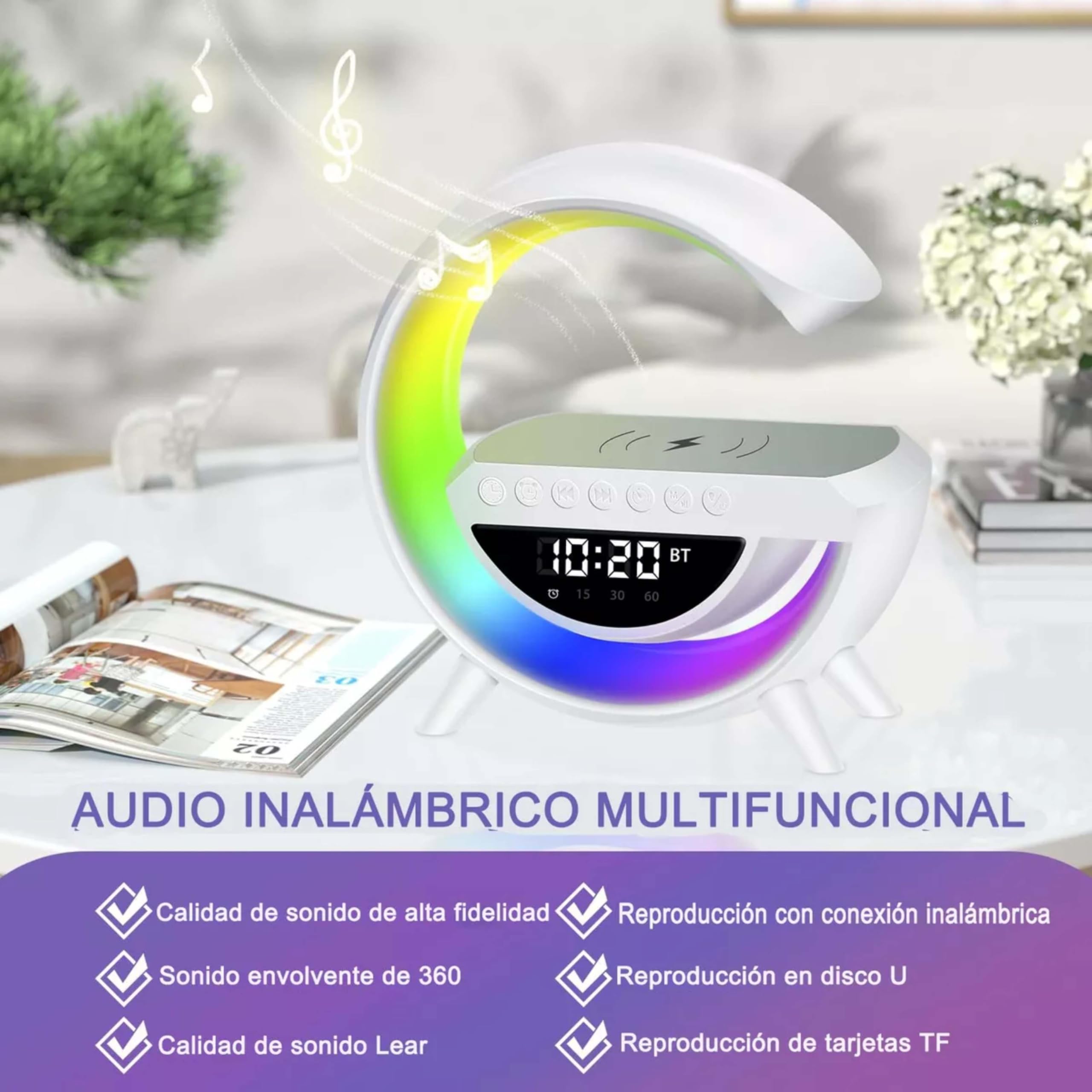 Altavoz Inteligente Sandalfon con Cargador Teléfono Inalámbrica, Bluetooth, Reloj Despertador con Luz, Lampara de Mesa LED Sincronización de Música 5 in 1, Dormitorio, Habitación, Oficina , Regalos