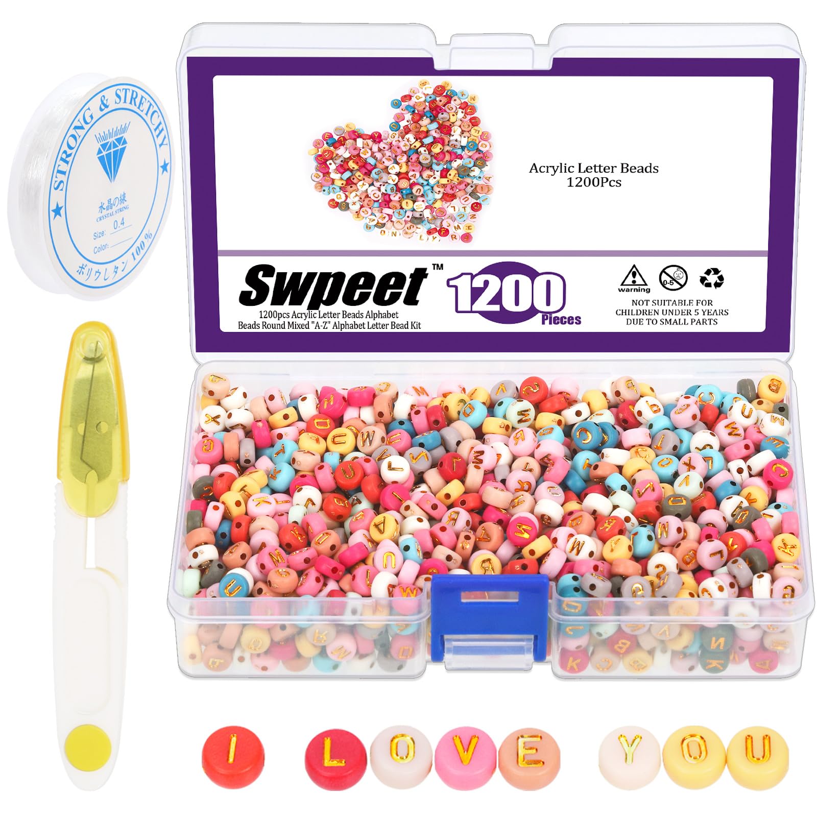 Swpeet 1202Pcs Colorful Mixed 'A-Z' Alphabet Acrylic Round Beads, 4x7mm with 1 Roll Crystal String Cord and Scissors for Jewelry Making