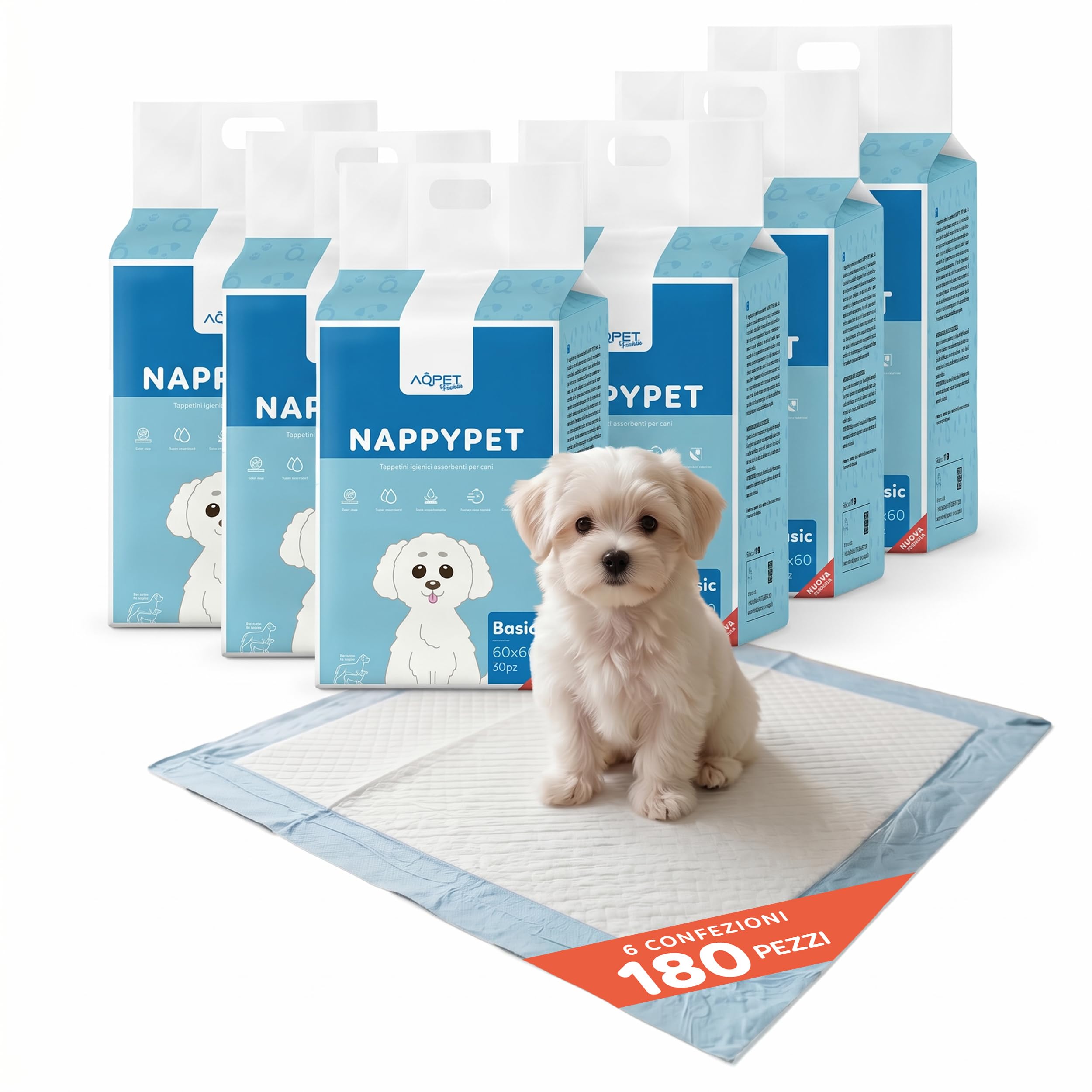 Tappetini Assorbenti per Cani e Cuccioli 60x60 cm Ultra Assorbenti, Igienici e Impermeabili con Design a 5 Strati e Strisce Adesive Ideali per Addestramento, Confezione da 180 Pezzi