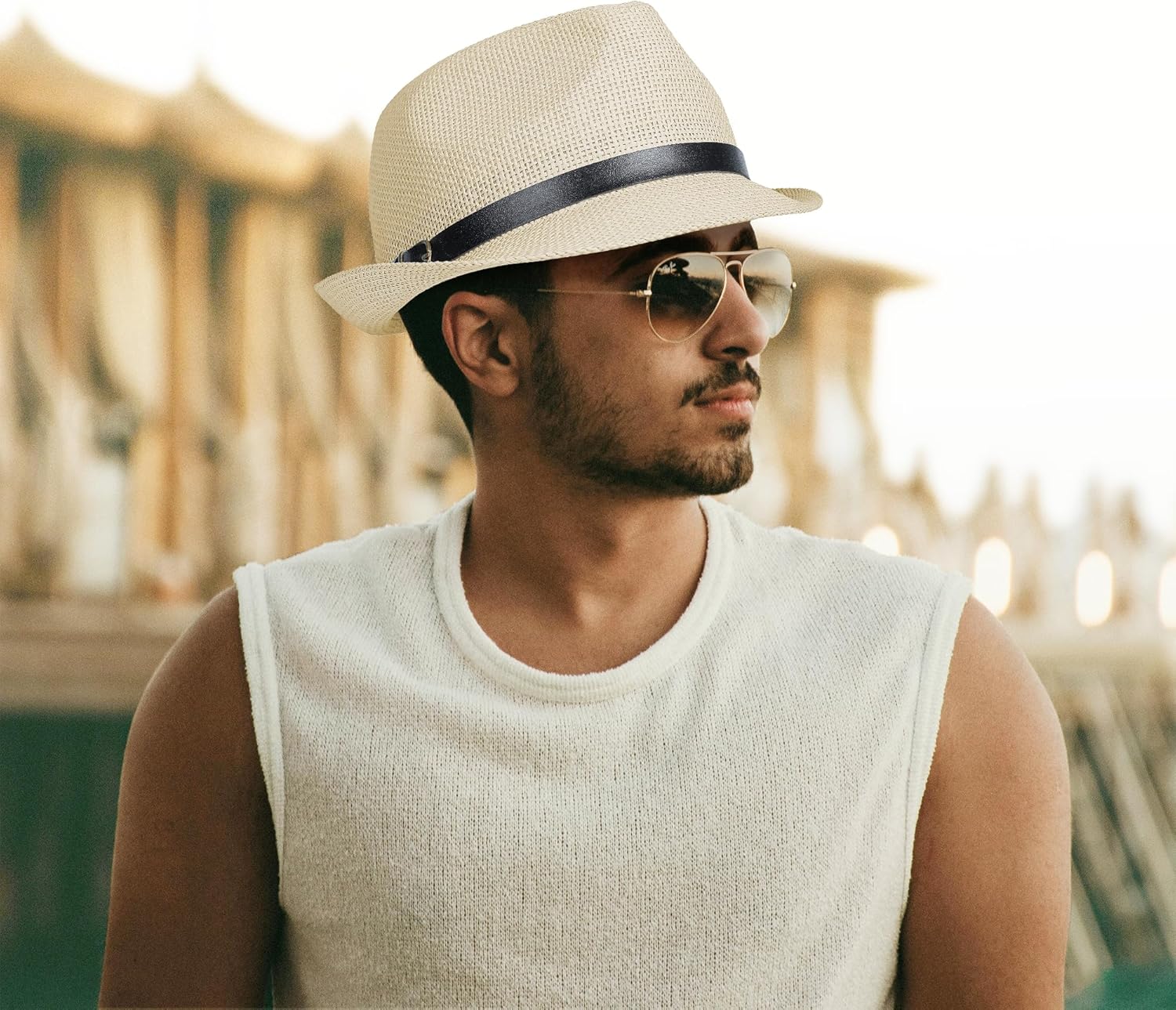 Straw Trilby Fedora Hat for Men Women 1920s Panama Hat Short Brim Summer Beach Sun Hat with Band - Image 6