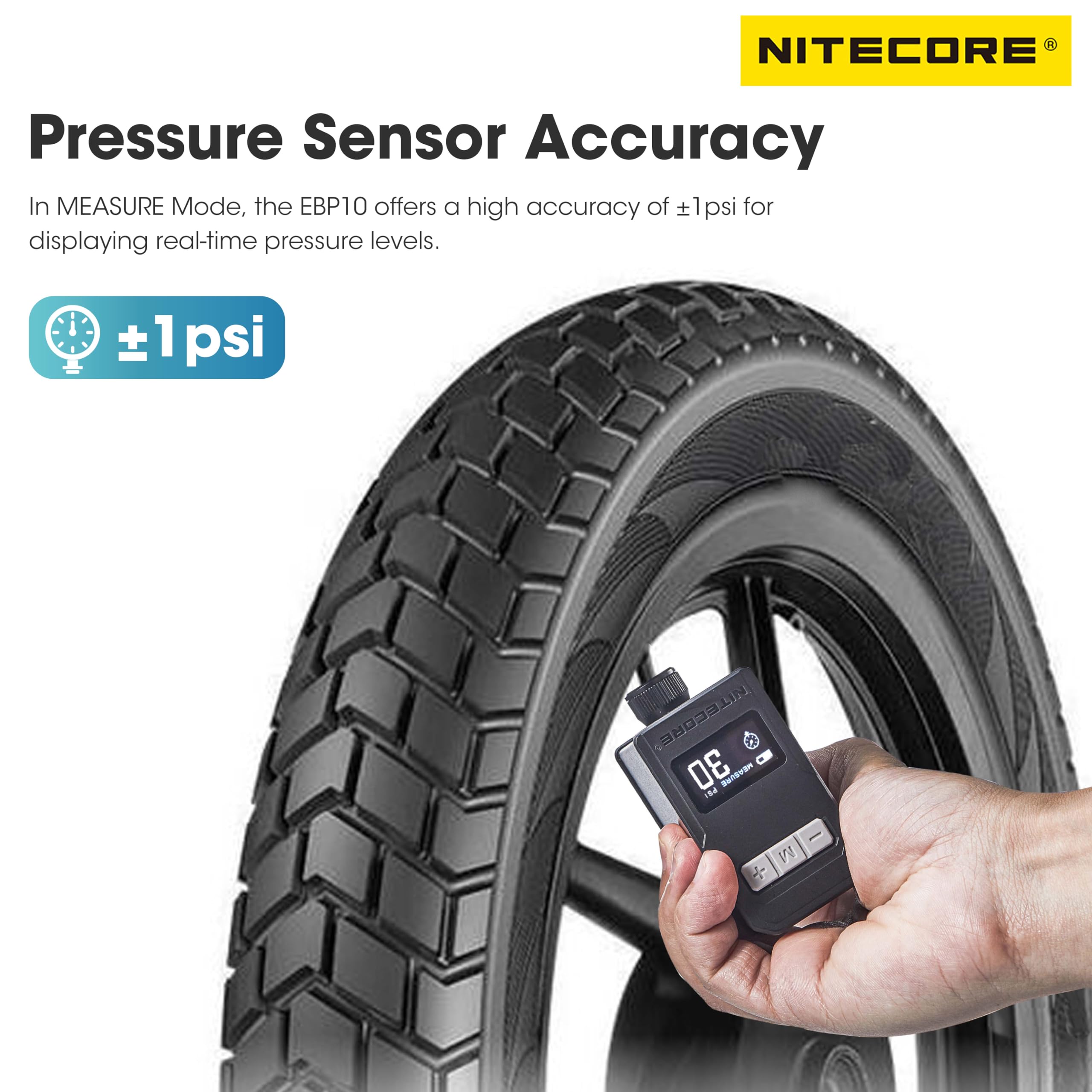 NITECORE EBP10 Przenośna pompka rowerowa z manometrem i zaworem Presta i Schrader Max 144 PSI