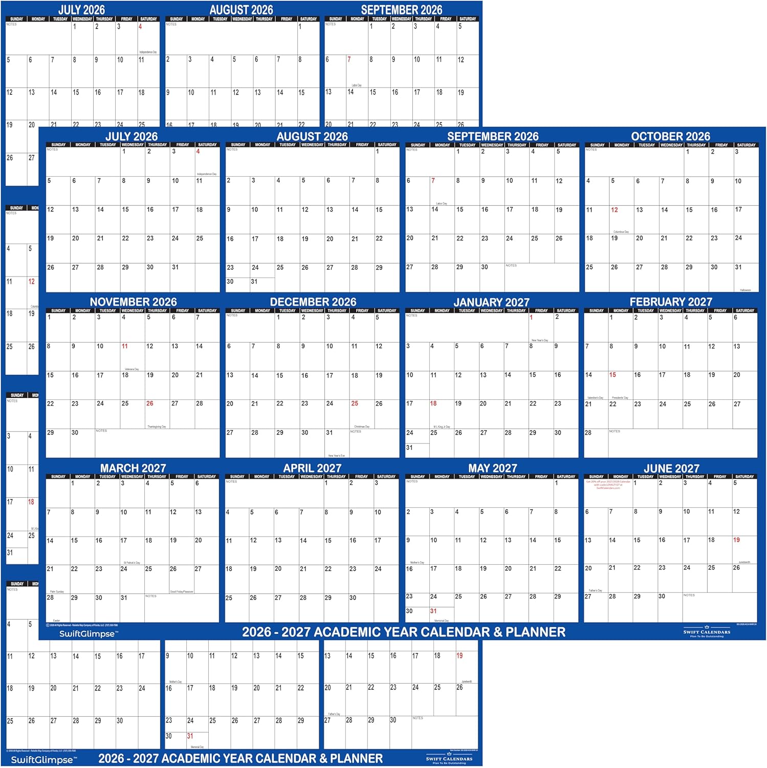 24x36 SwiftGlimpse 2026-2027 Academic Wall Calendar Dry Erase Erasable, Large, Wet & Dry Erase Laminated, Yearly School Planner, JULY 2026 to JUNE 2027 ONLY, NAVY