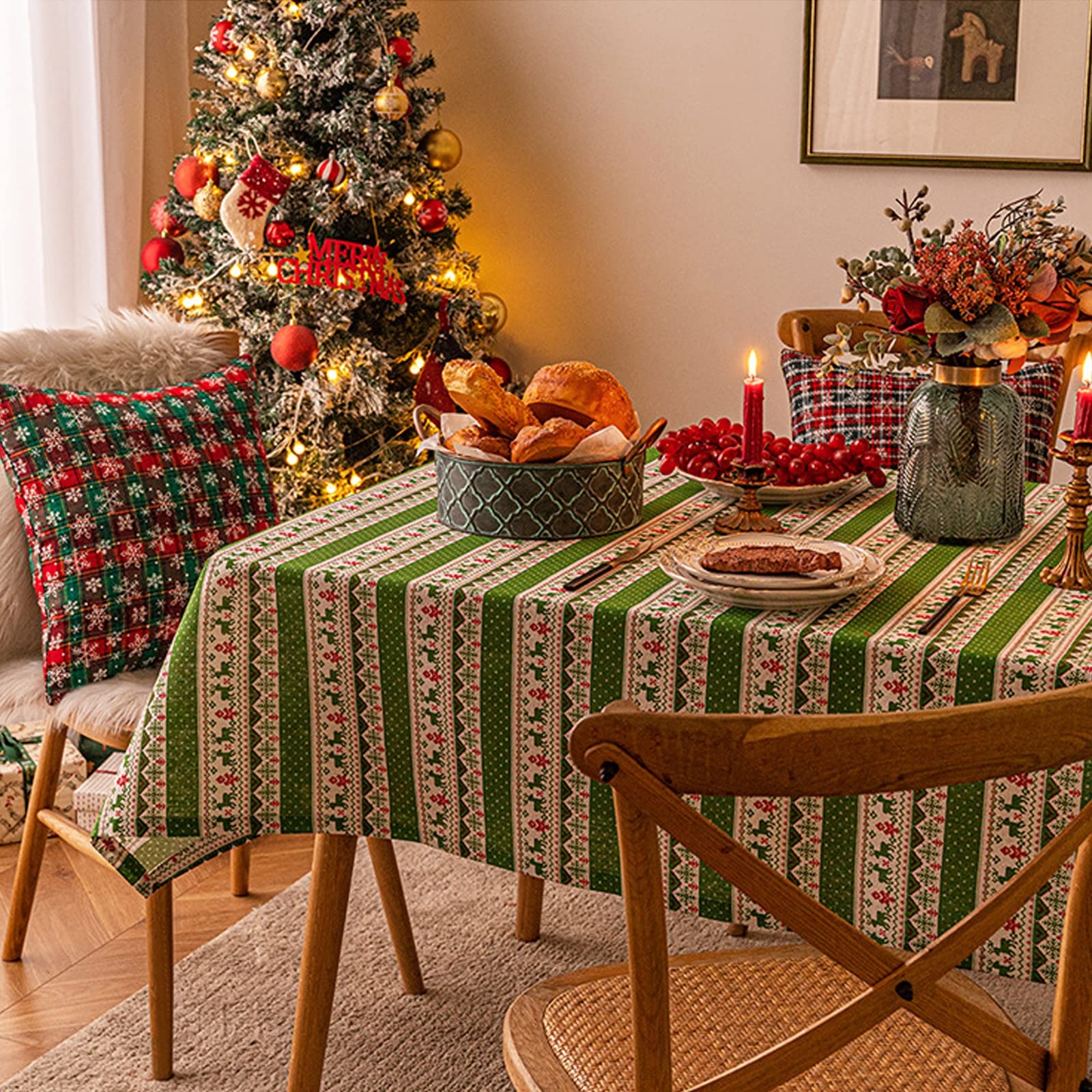 Nappe infroissable avec coutures jacquard pour cuisine, salle à manger, fête de Noël – 140 x 241 cm