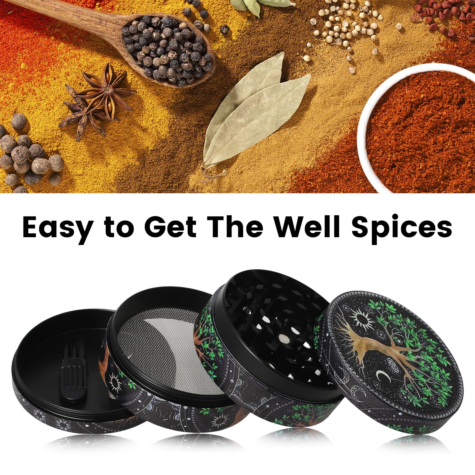 Astriva Grinder 63mm 4-teilig - Metall Gewürzmühle Mit Baumdesign - Für Kräuter & Gewürze - Inkl. Sieb & Bürste