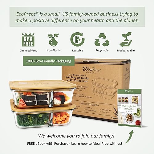Miniatura 7 de EcoPreps Contenedores grandes de vidrio Bento con tapas de bambú, 3 compartimentos de vidrio para preparación de comidas (paquete de 2, XL 100%