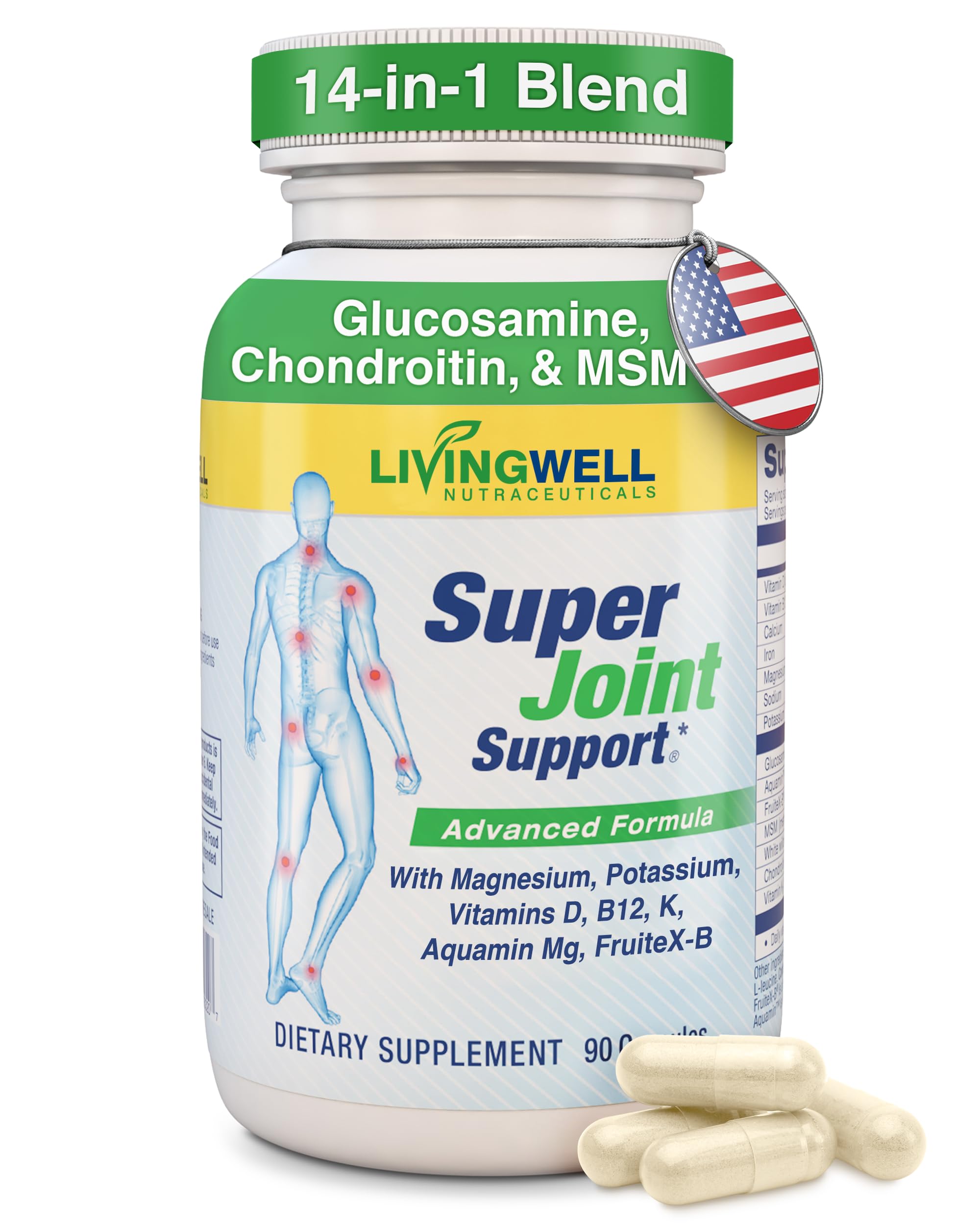SUPER JOINT SUPPORT: Glucosamine, Chondroitin, MSM, Vitamin D and B12, FruiteX-B Joint Supplement, Maximum Pain Management, Bone & Muscle Health, Flexibility & Mobility for Men & Women, 90 Capsules