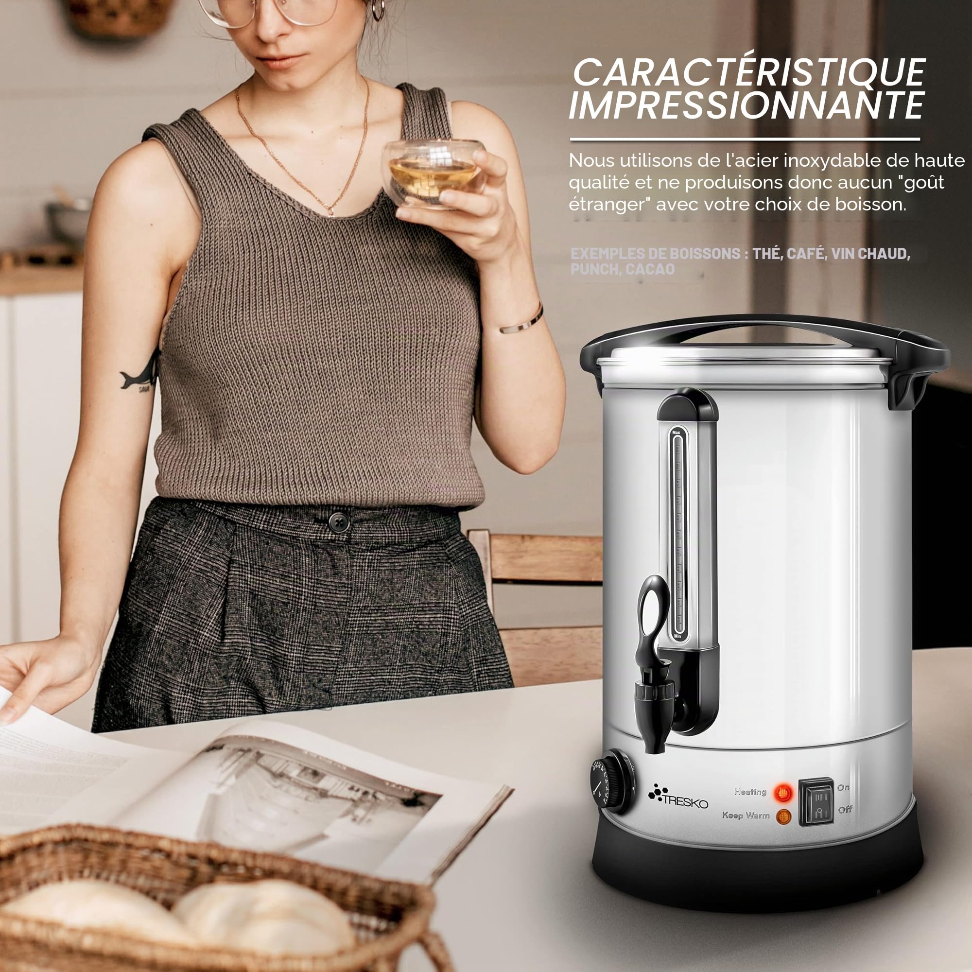 TRESKO® Bouilloire à vin chaud 30 l / 2500 W en acier inoxydable - Bouilloire à vin chaud - Distributeur d'eau chaude