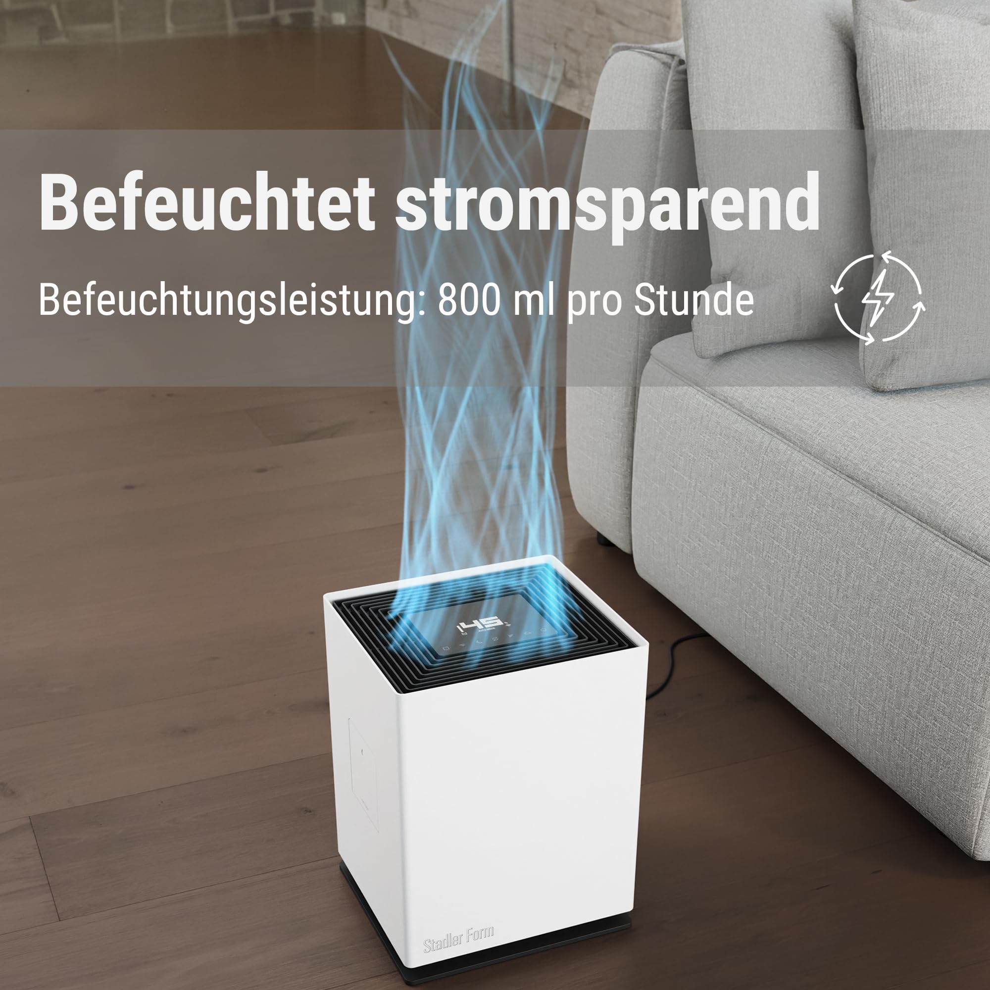 Stadler Form Luftbefeuchter Noah, leise, für große Räume bis 110 m² | Starke Befeuchtungsleistung, energieeffizient, 4 Stufen und Turbo-Stufe, Hygrostat, App, WiFi, für Schlafzimmer, weiß