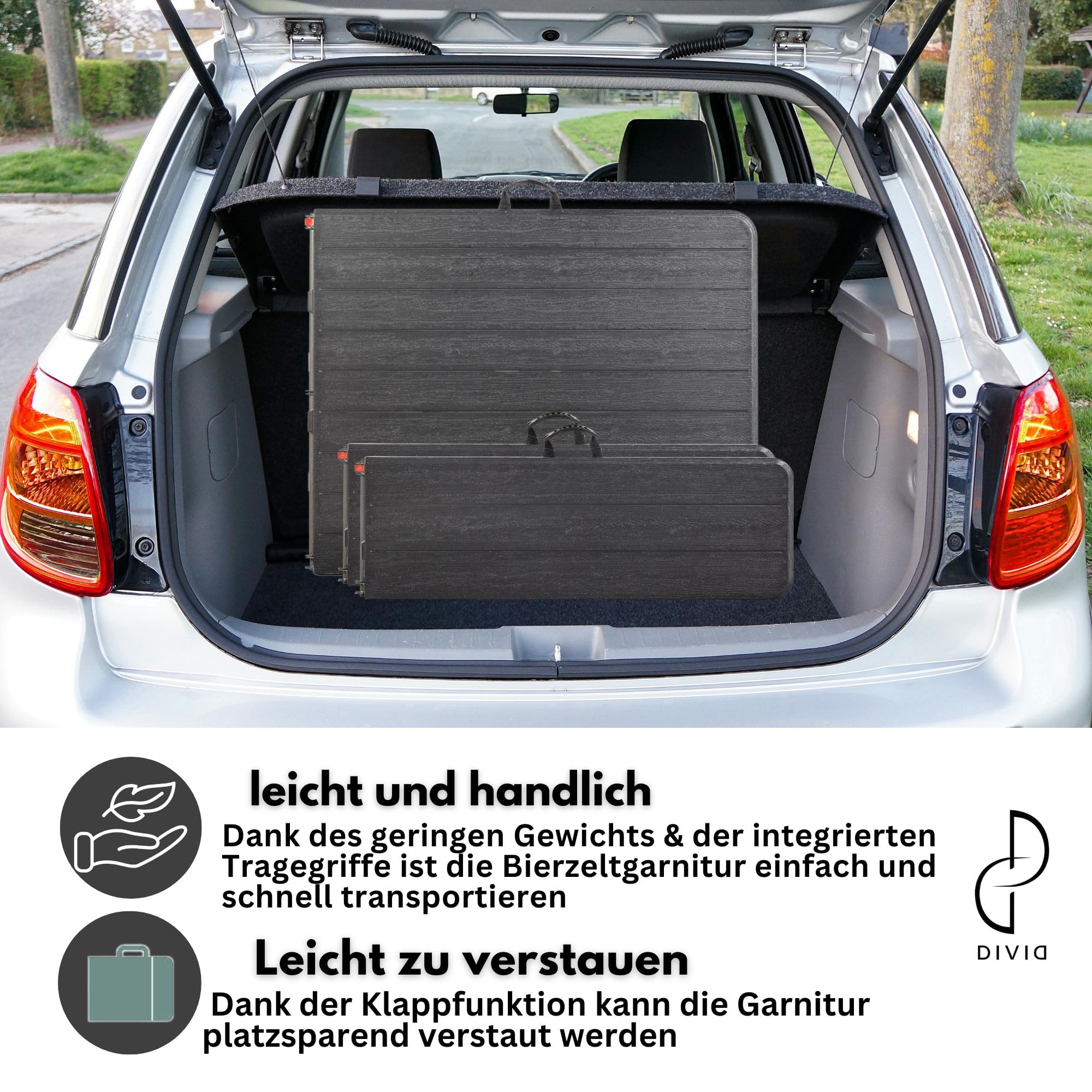 DIVID® Bierzeltgarnitur 3-teilges Set|Tisch + 2 Bänke|Für drinnen und draußen|klappbar mit Tragegriffe|HxBxT: 73x180x75cm|Gartentisch (DIV-200/WOOD Set)