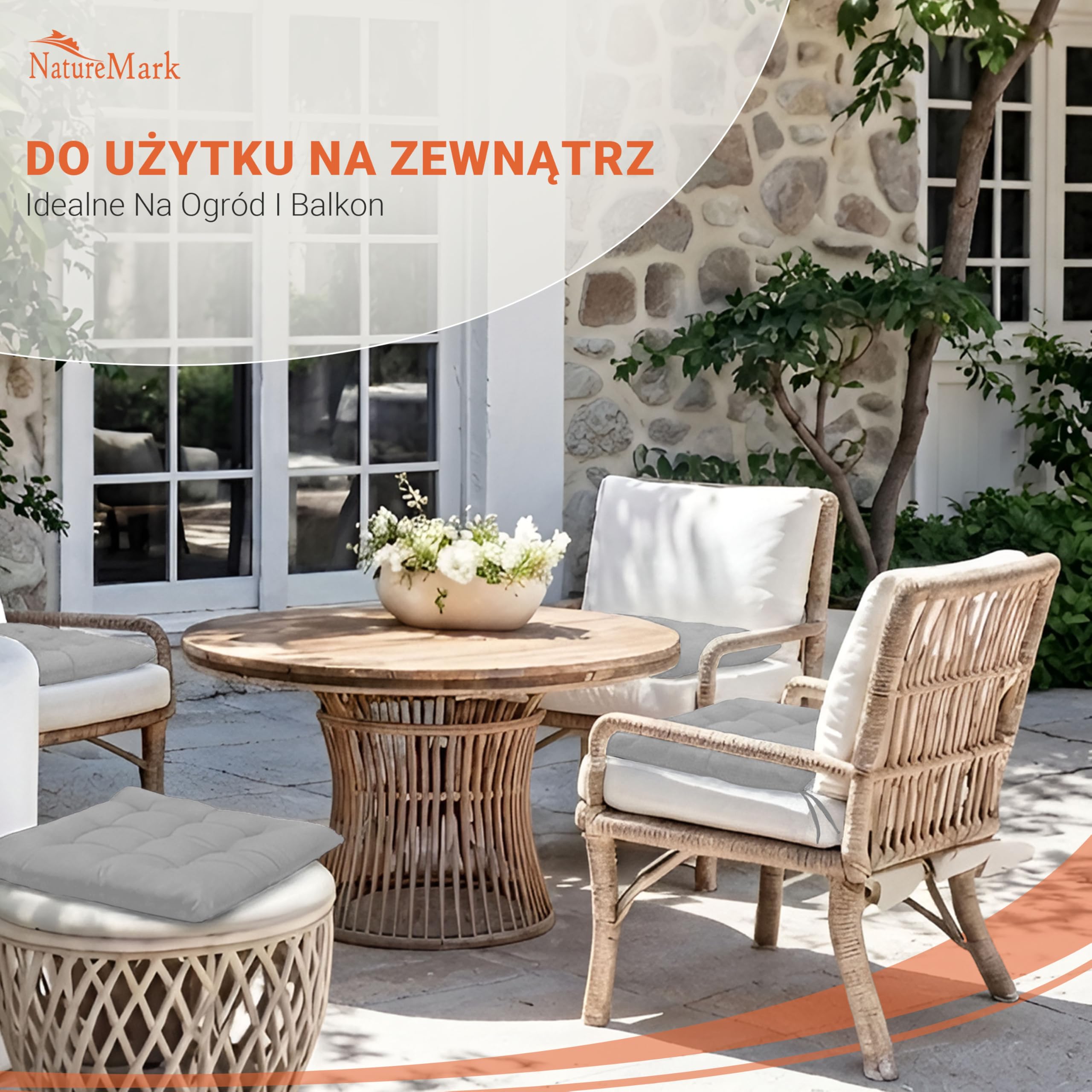 NatureMark Zestaw 4 Poduszek na Krzesła z Tasiemkami 40x40 cm – Poduszka do Siedzenia Wypełniona – Do Kuchni i Ogrodu – Kolor Srebrno-szara