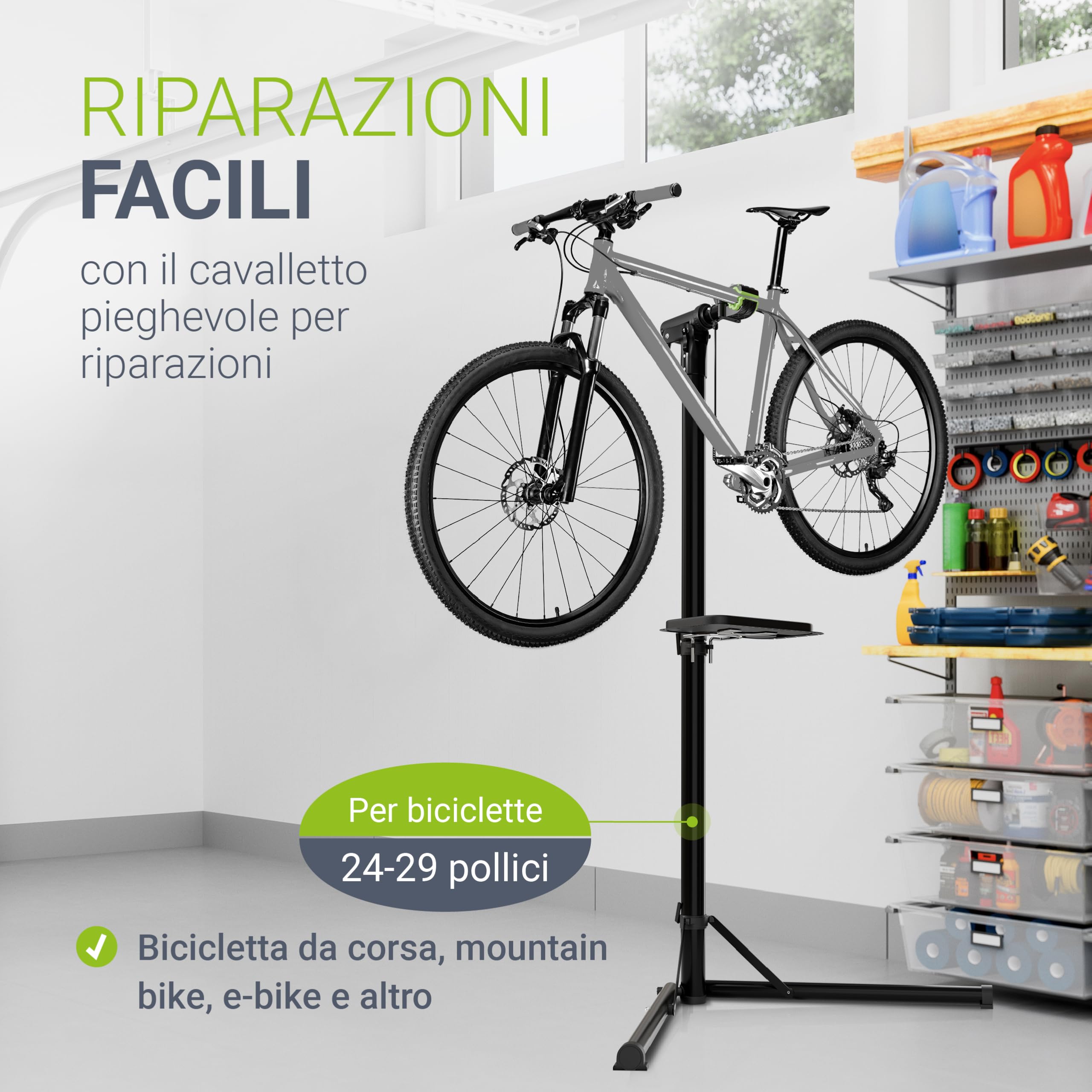 Juskys Cavalletto pieghevole per riparazione bici - Supporto regolabile in altezza con rivestimento in gomma e vassoio portautensili - Per biciclette fino a 50 kg