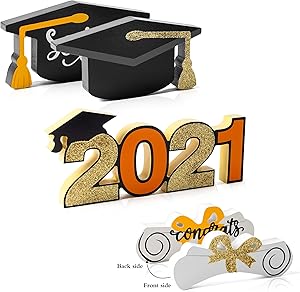 WATINC 3pcs Graduation Double-Sided Print Wooden Table Decoration, Freestanding Class of 2021 Centerpiece Sign for Congratulation Party, Black Gold Glitter Tiered Tray Decoration for Grad Party Favors
