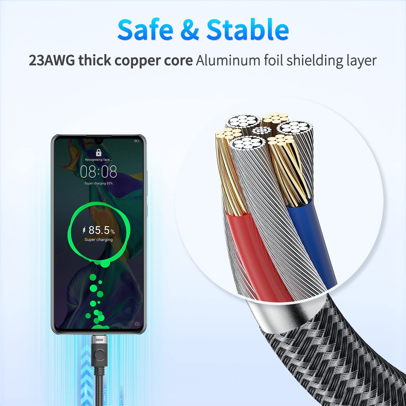 Cable USB-C A USB-C Trenzado JuicEBitz 100W - Carga Rápida Y ángulo Recto, Compatible Con Samsung, Google, Apple