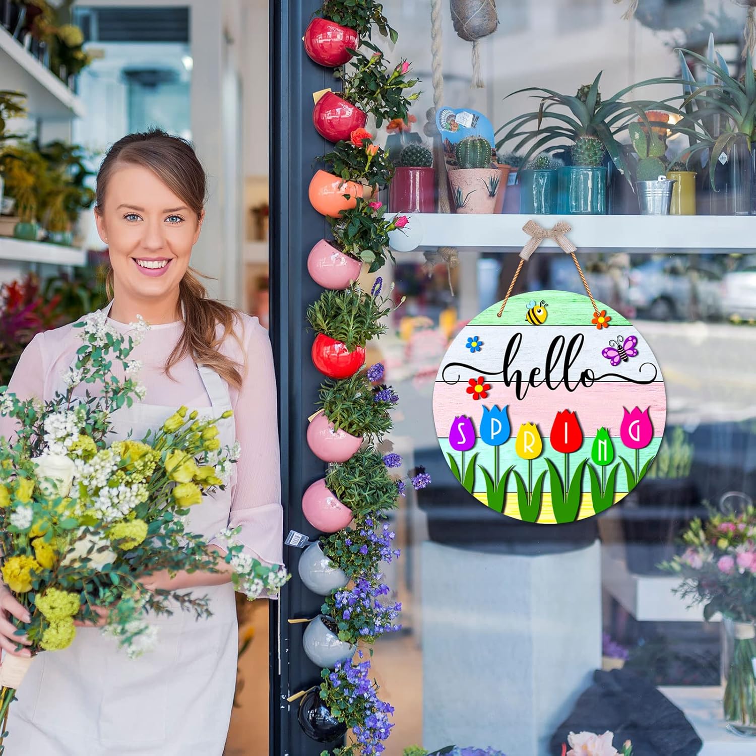 Hello Spring Door Decorations Colorful Tulip Flowers Spring Wreath Sign for Front Door Welcome Spring Door Sign Farmhouse Spring Decorations for Home Wreath Wall Porch Indoor Outdoor - Image 2