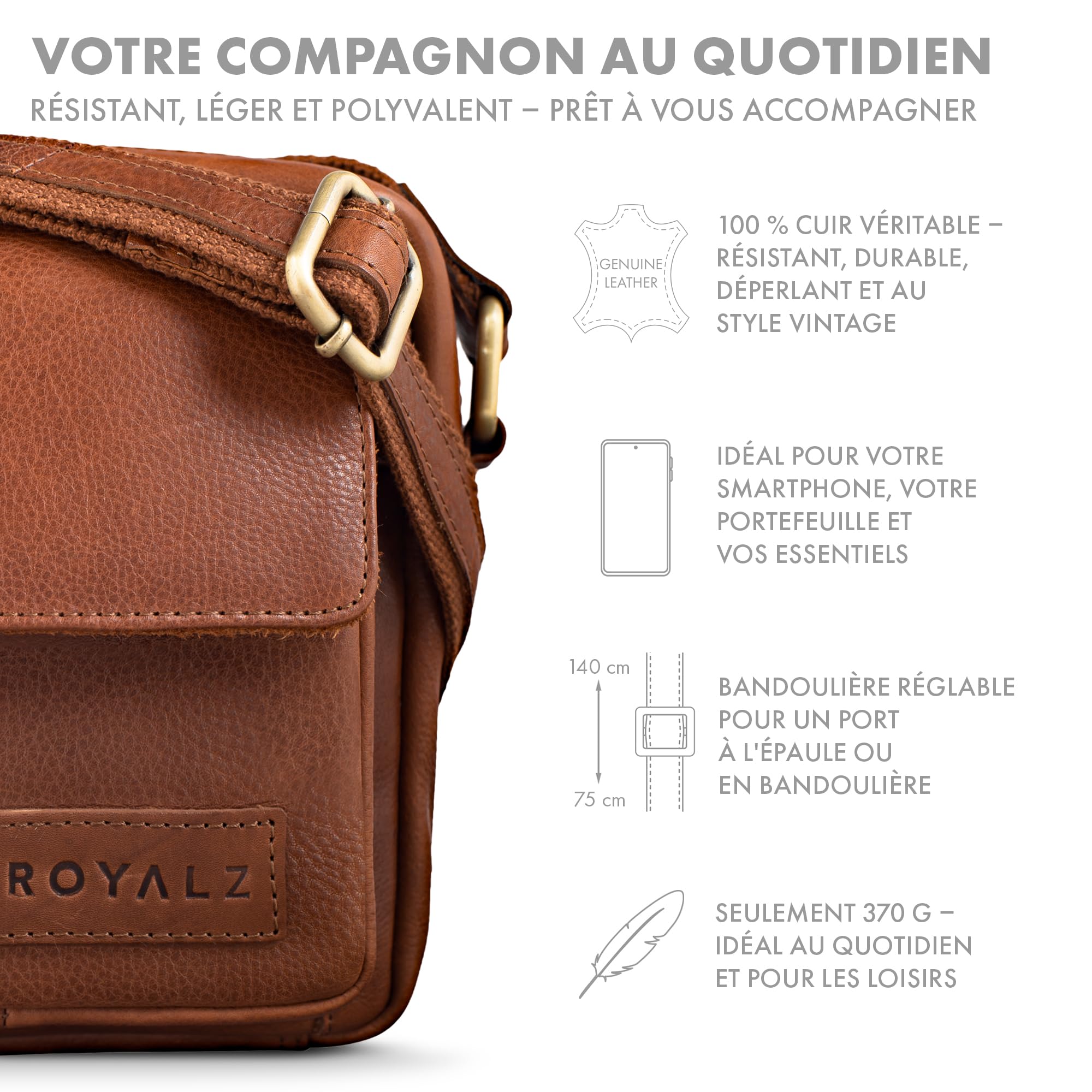 ROYALZ 'Austin' Sac d'épaule Petit pour Hommes en Cuir Véritable - Petite Sacoche Homme Bandouliere Cuir Vintage Messager Besace