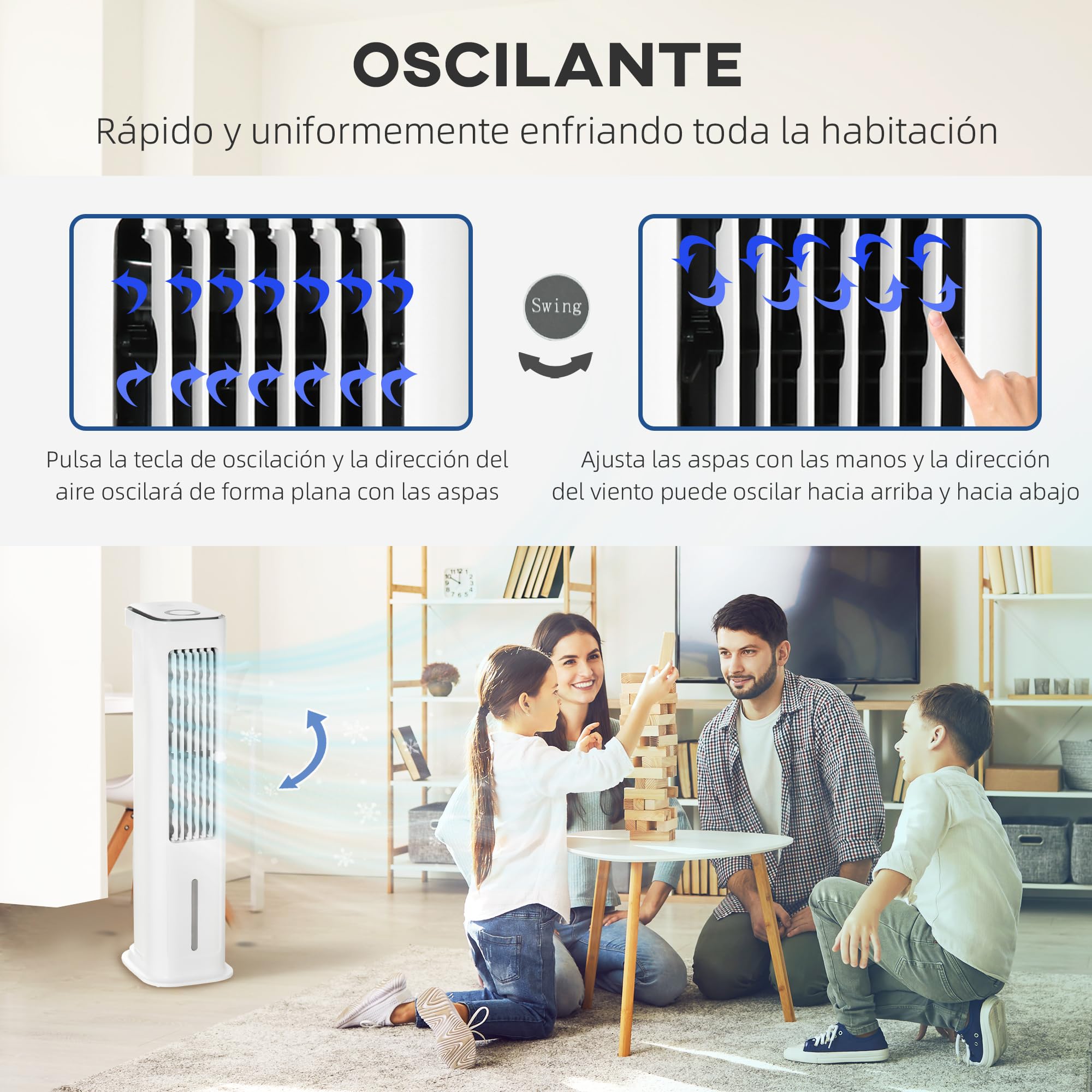 HOMCOM Climatizador Evaporativo Bajo Consumo 75W Depósito 5L Oscilante con Control Remoto 3 Modos 3 Velocidades Temporizador 12h y Pantalla LED Táctil 23x29x86 cm Blanco