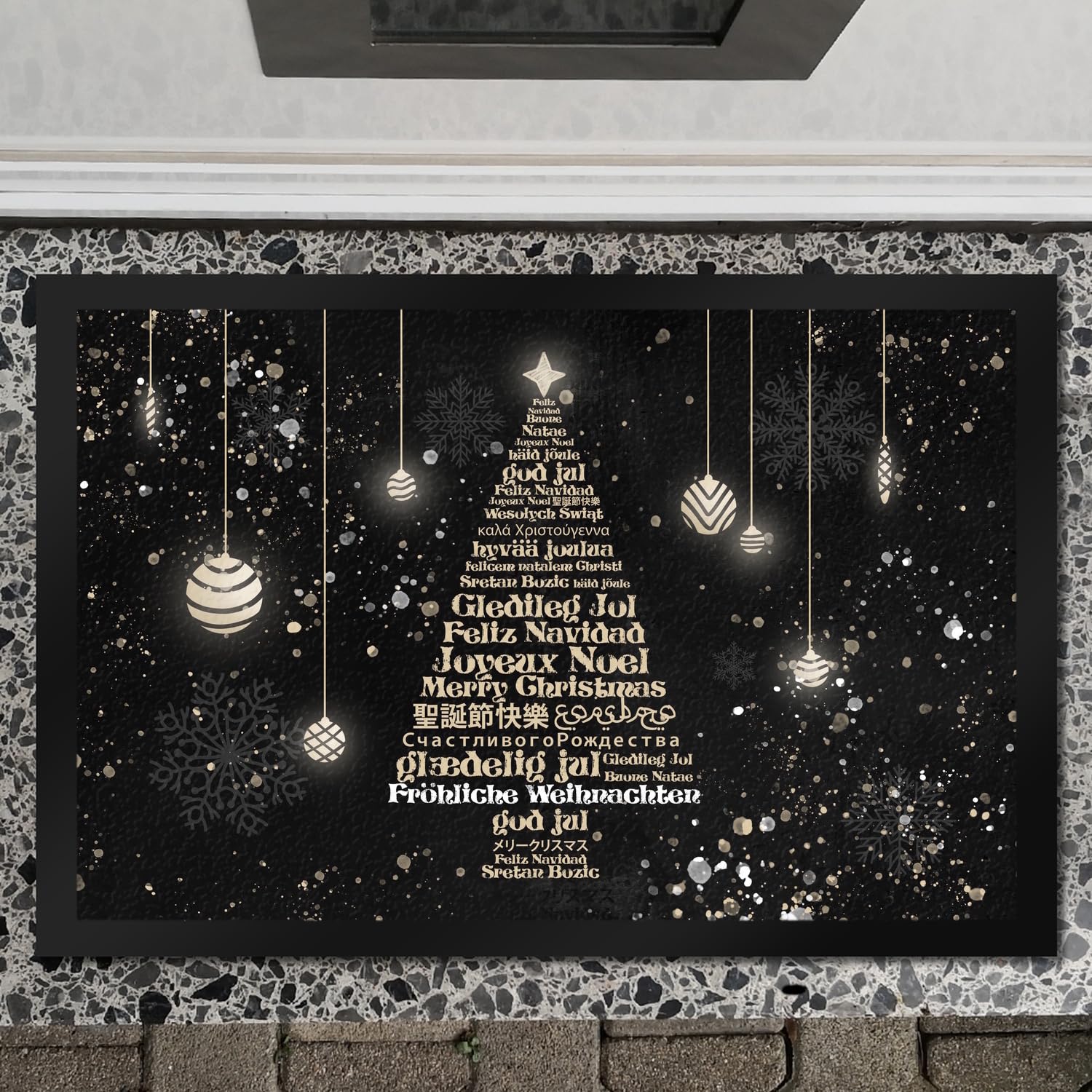 speecheese Fröhliche Weihnachten in verschiedenen Sprachen Fußmatte XXL in 50x75 cm als lustiges Geschenk für weltoffene Menschen die Allen Besuchern EIN frohes Weihnachtsfest wünschen