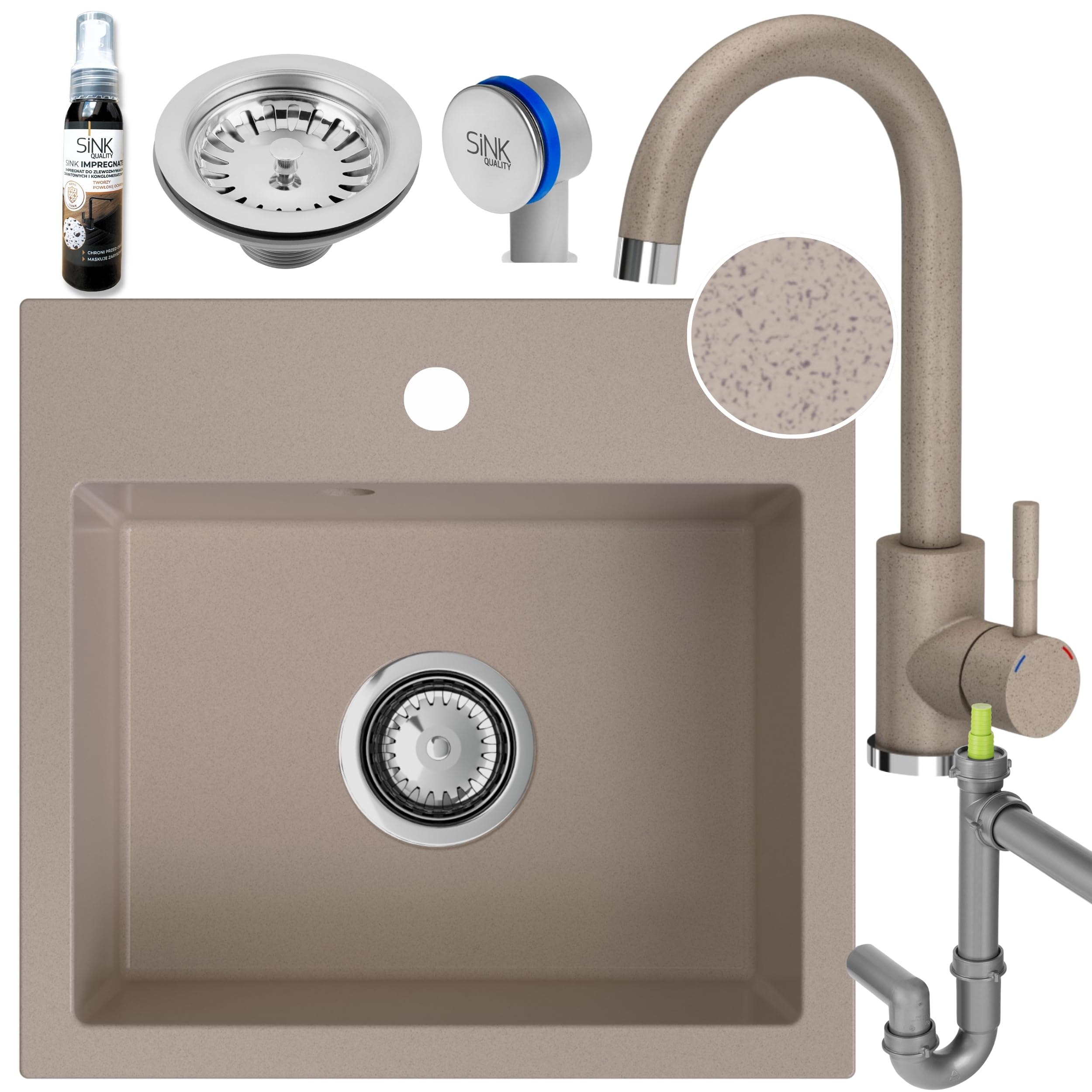 SINK Quality beżowy zlewozmywak z armaturą zestaw 45 × 42 cm – zlewozmywak z kranem, syfonem i impregnacją – kompletny zestaw z granitu – zlewozmywak do szafki pod umywalkę od 45 cm