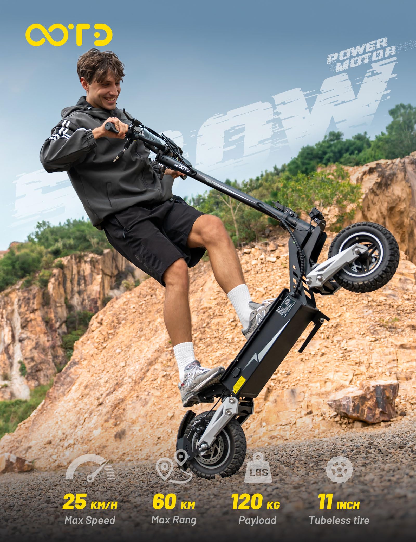 T10 Monopattino Elettrico Adulto, 11 Pollici Scooter Elettrico Pieghevole con Grande Batteria Autonomia fino 60KM, Display HD, Doppio Freno a Disco e Ammortizzatori, Pneumatico Semi Off Road Tubeless