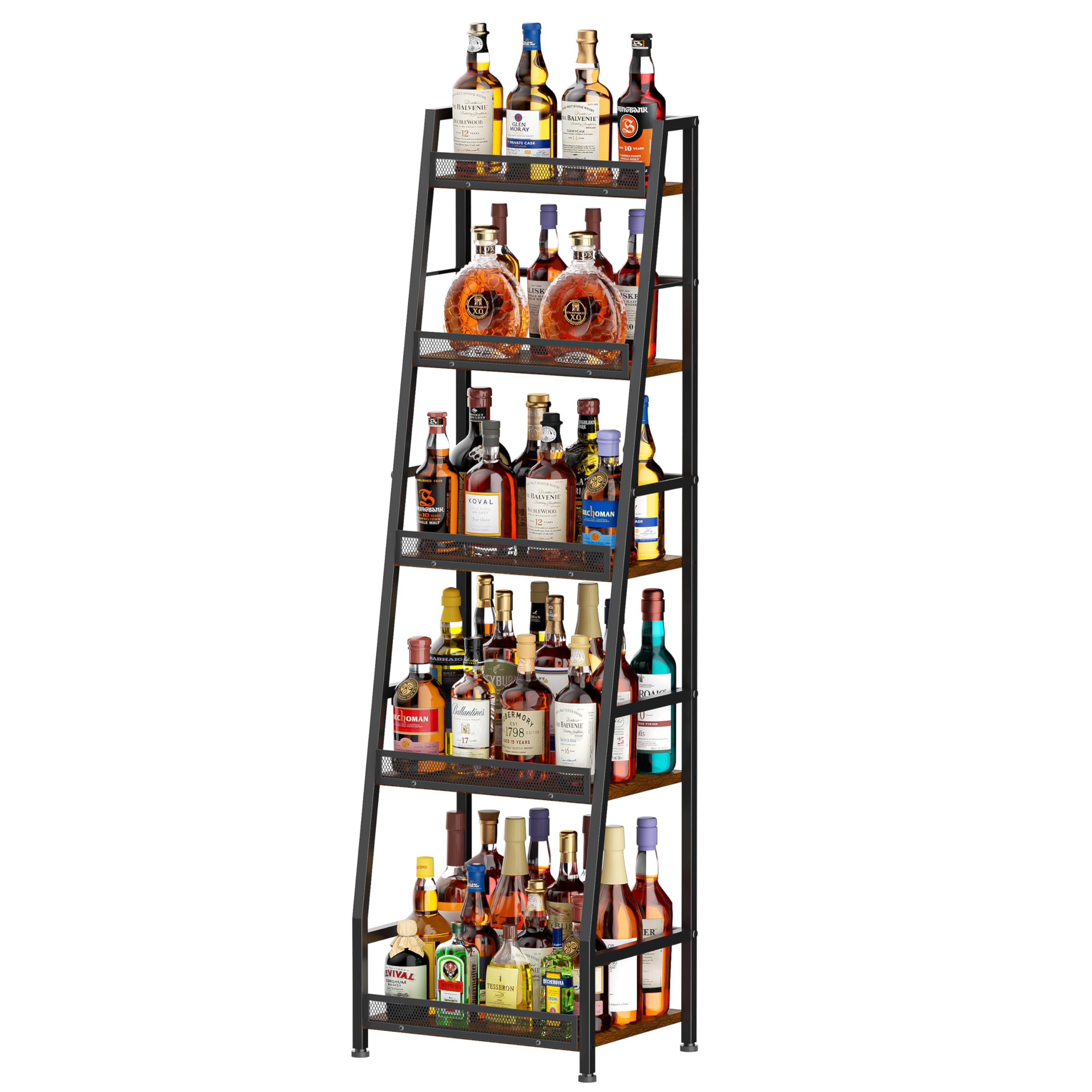 5-Tier Trapezoid Liquor Stand for Home Bar, Large-Capacity Liquor Cabinet Bar for Home, Stepped Wine Rack Freestanding Floor for Whiskey, Corner Wine Bottle Display Shelf with Fences for Living Room