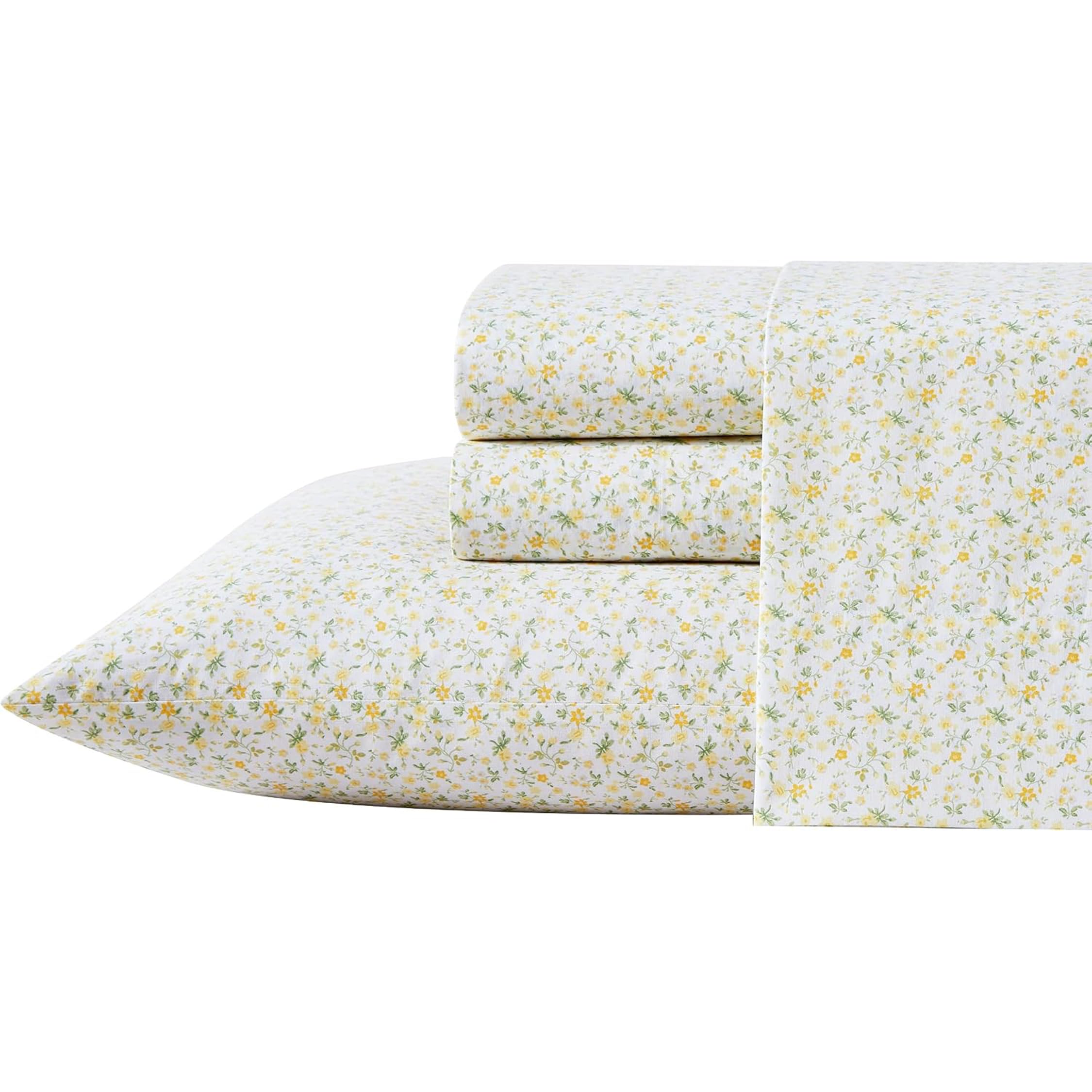 Laura Ashley - Full Sheets, Cotton Percale Bedding Set, Lightweight & Breathable Home Decor, Dorm Room Essentials (Evie Yellow, Full)