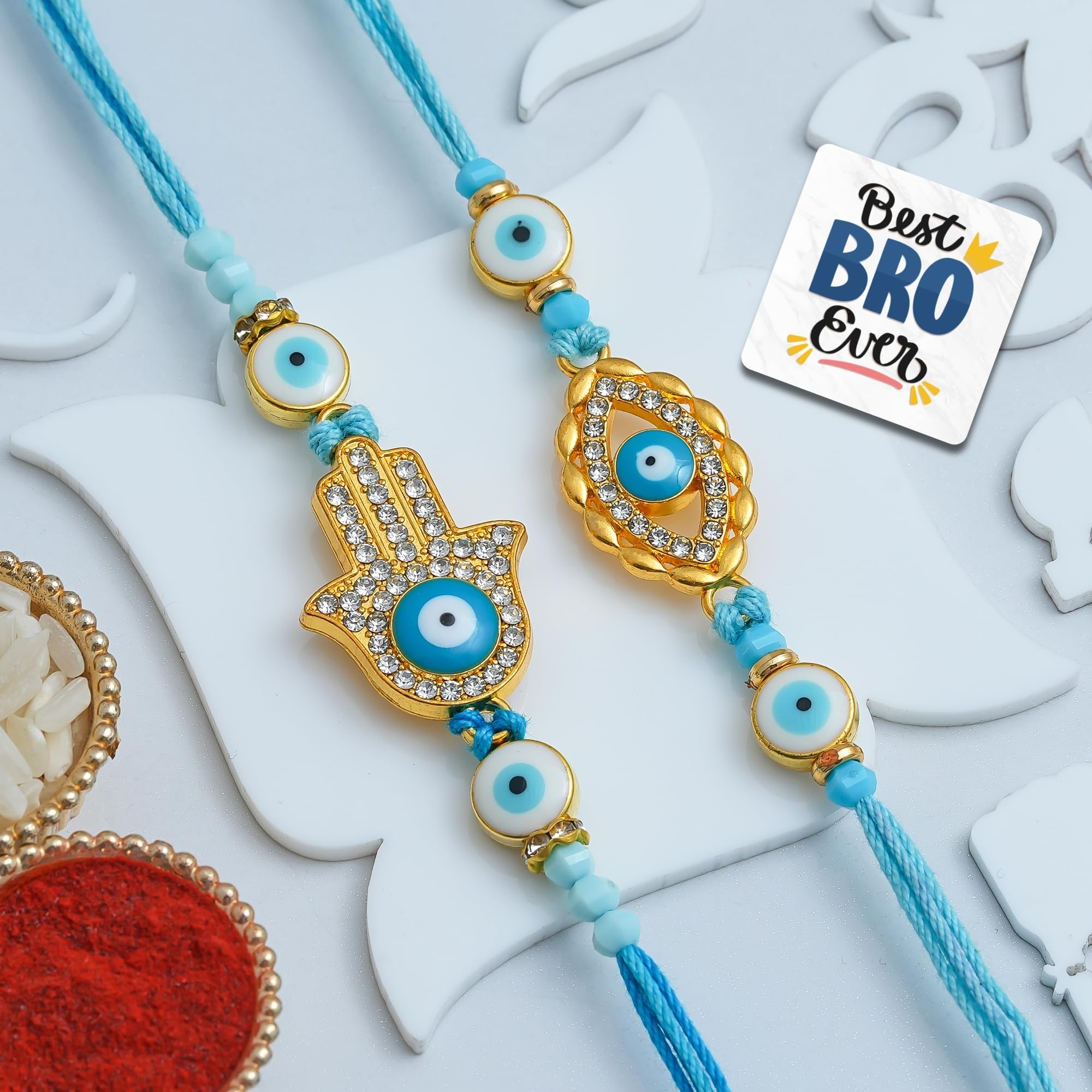 eCraftIndia Hamsa Hand Evil Eye Rakhi Set of 2 | Rakhi for Brother Bhaiya Bhai with Best Bro Ever Fridge Magnet | Roli Chawal Pack-picture-13