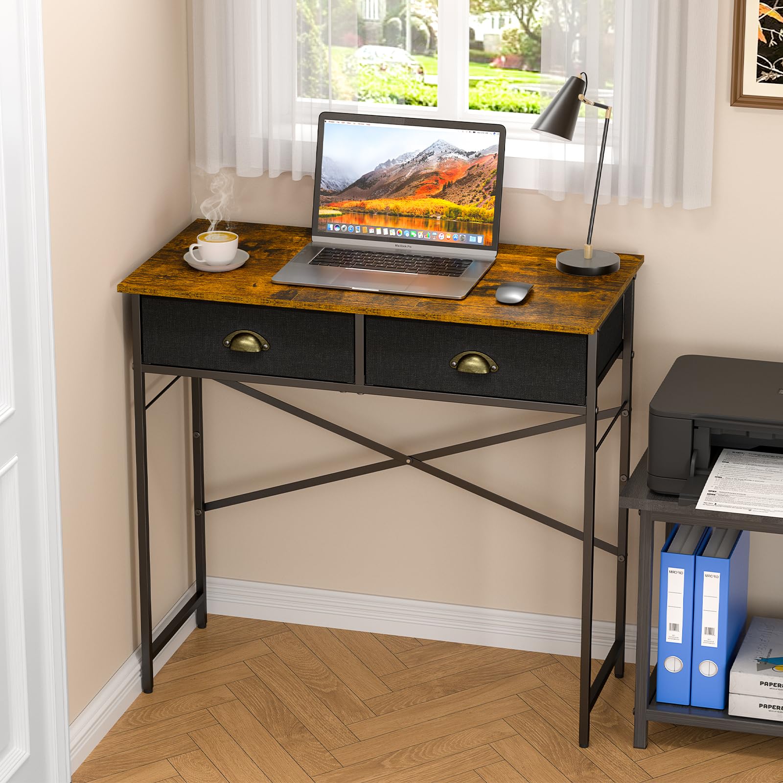 DAOUTIME Small Writing Desk for Kids Bedroom, 31.5 Inch Computer Desk for Small Spaces, Simple Desk with 2 Fabric Drawers for Home Office, Dorm,