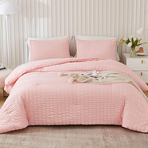 AveLom Blush Pink Seersucker Full Comforter Set (80x90 inches), 3 Pieces 100 Soft