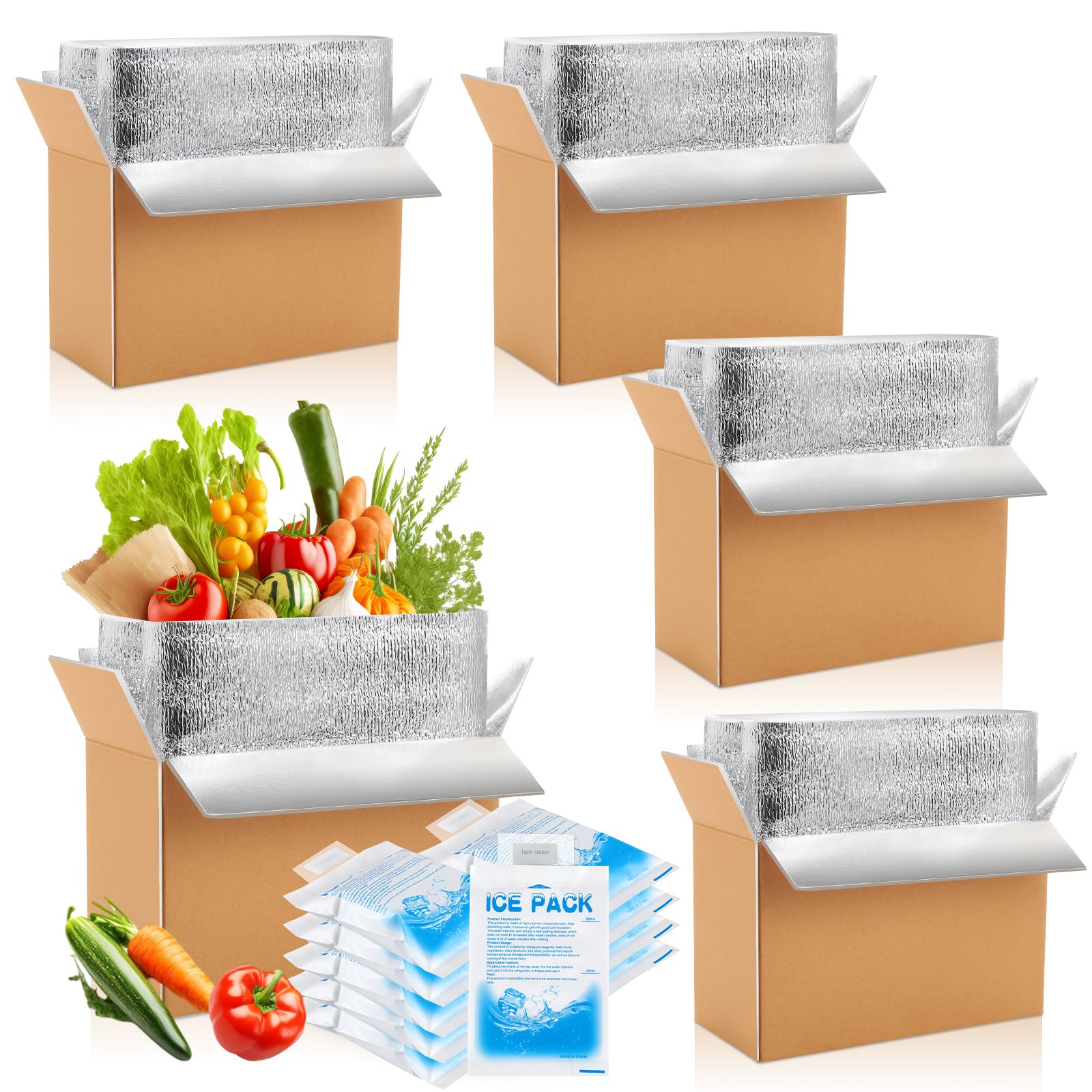Honoson 4 Pcs Thermal Insulated Shipping Boxes for Frozen Food with Ice Pack and Aluminum Foil Liner for Shipping Big Cold Pack Cooler Mailing Boxes