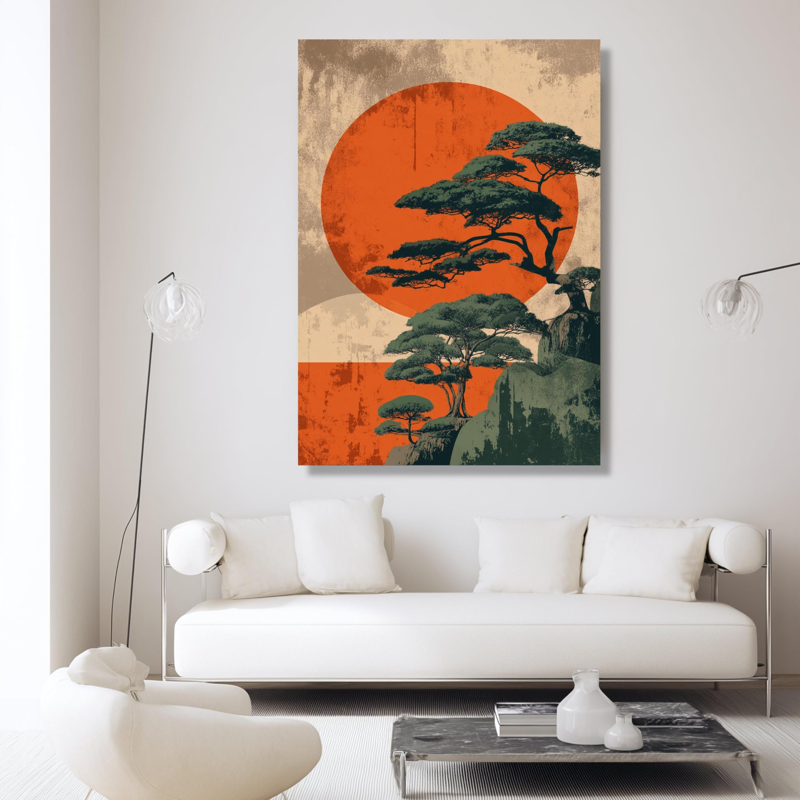 LMYCHENG Pintura al óleo de majestuosos bonsáis, lienzo con estampado de puesta de sol, arte mural japonés oriental para sala de estar, decoración de pared para el hogar (80x120cm/marco interno)