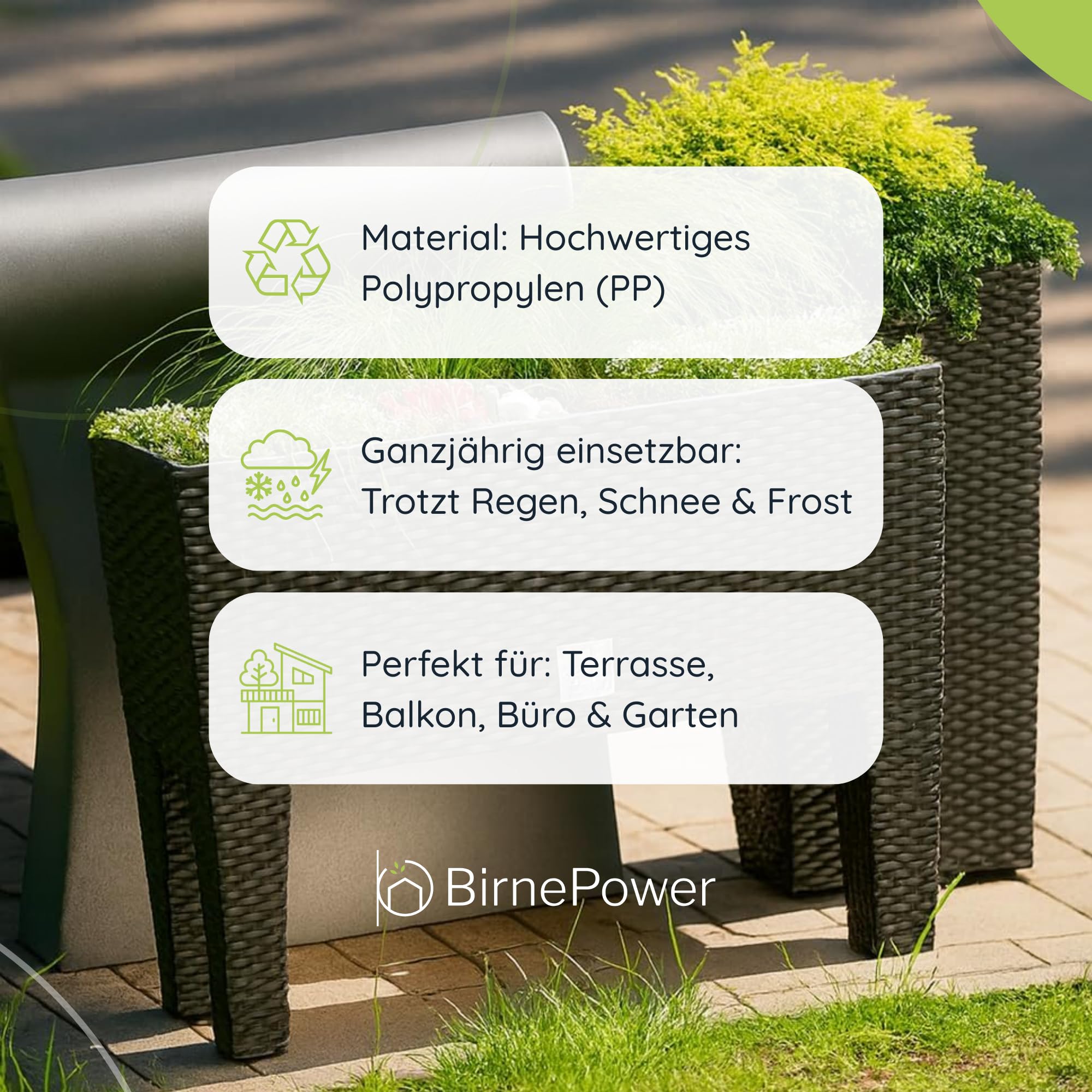 BirnePower Blumentopf Blumenkasten mit Füßen Blumenkübel Rattan Optik Pflanzenkasten Bewässerung (600 umbra)