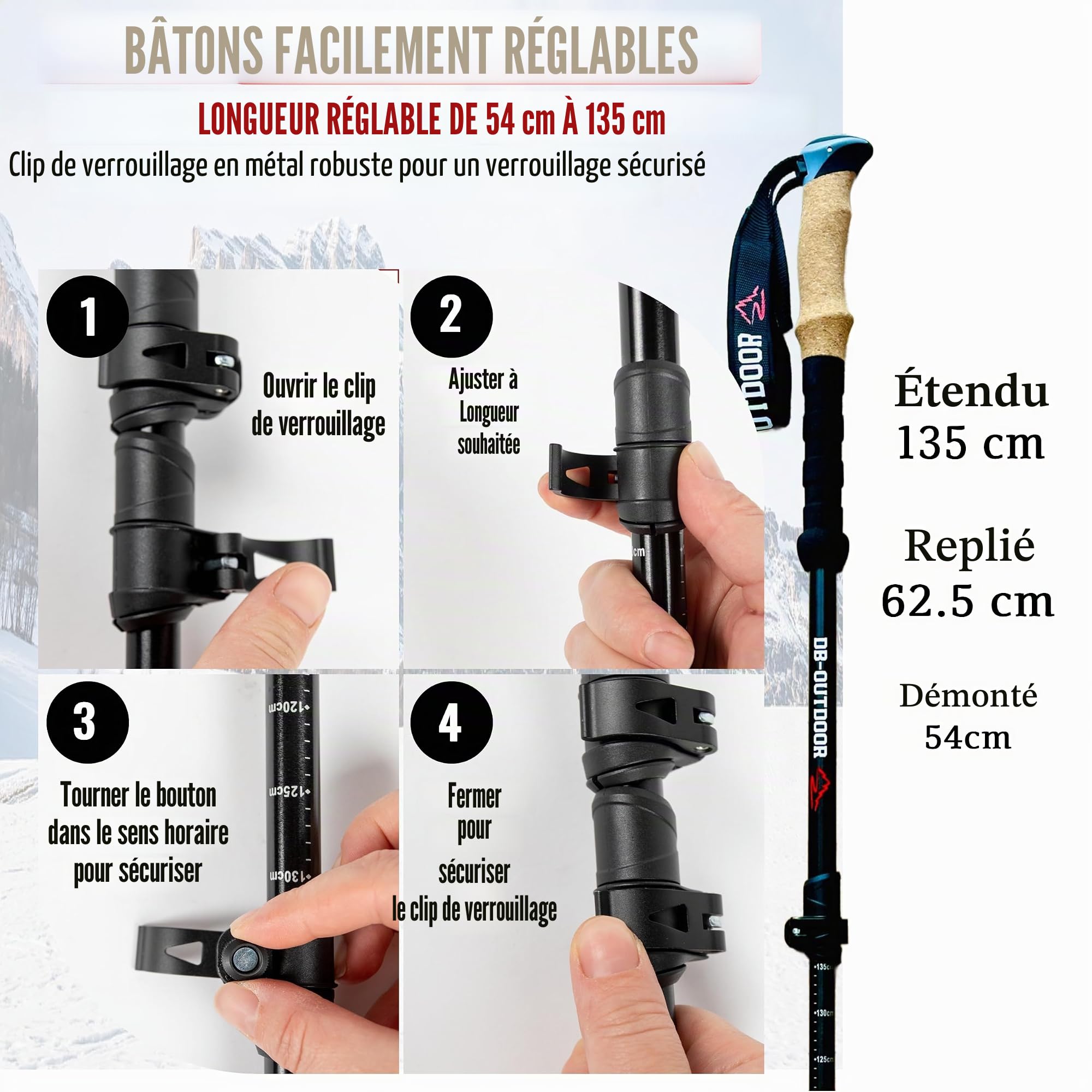 Bâtons de marche de randonnée pour homme et femme – 2 bâtons de randonnée nordique ultralégers en aluminium 7075 pour homme, poignée en liège naturel et verrouillage à rabat en métal pour