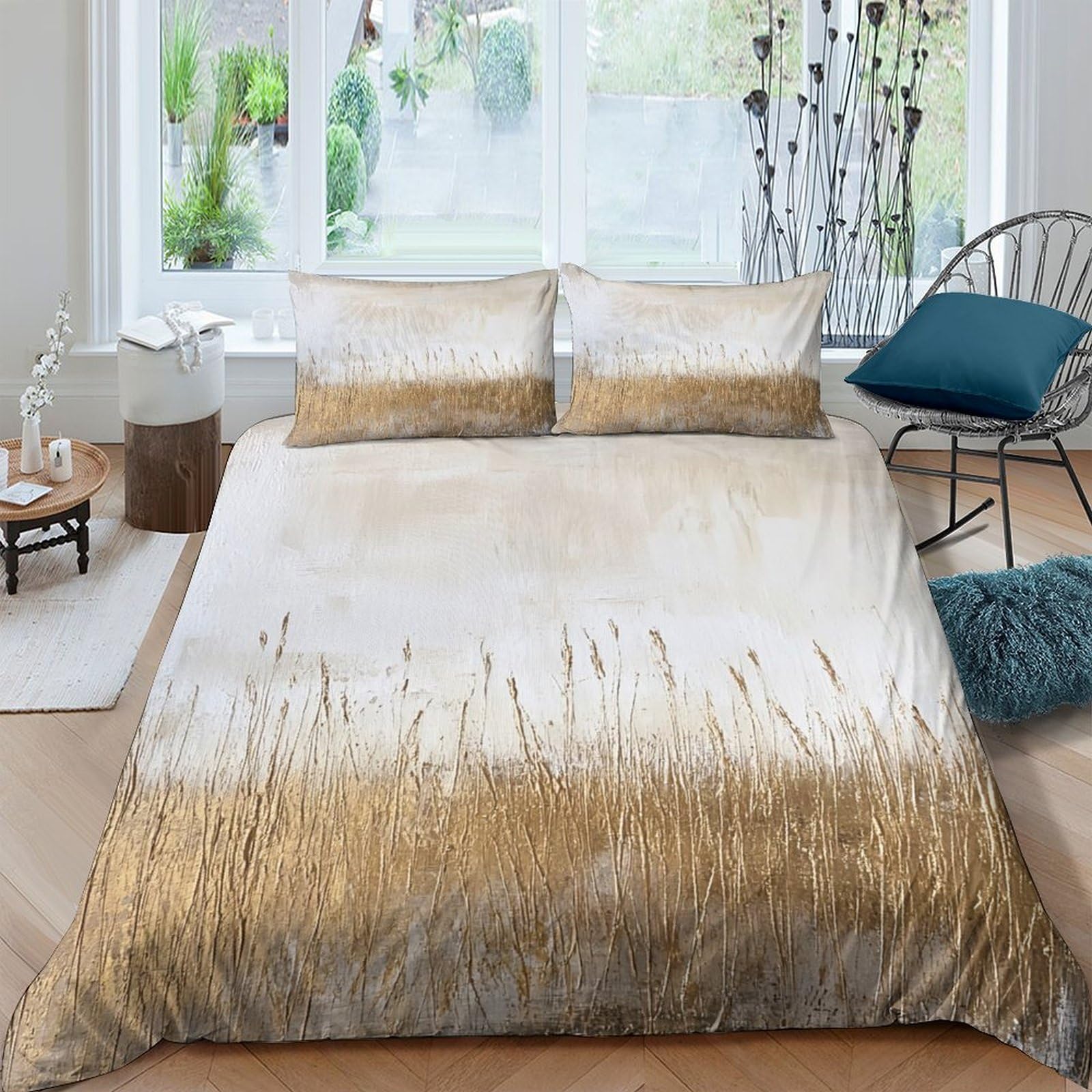 GPLZQXKJNH 3D Printed Golden Wheat Field Duvet Cover Set Microfiber Soft Breathable Sunrise Grassland Bedding with 2 Pillowcases for Bedroom Decor Single（135x200cm）