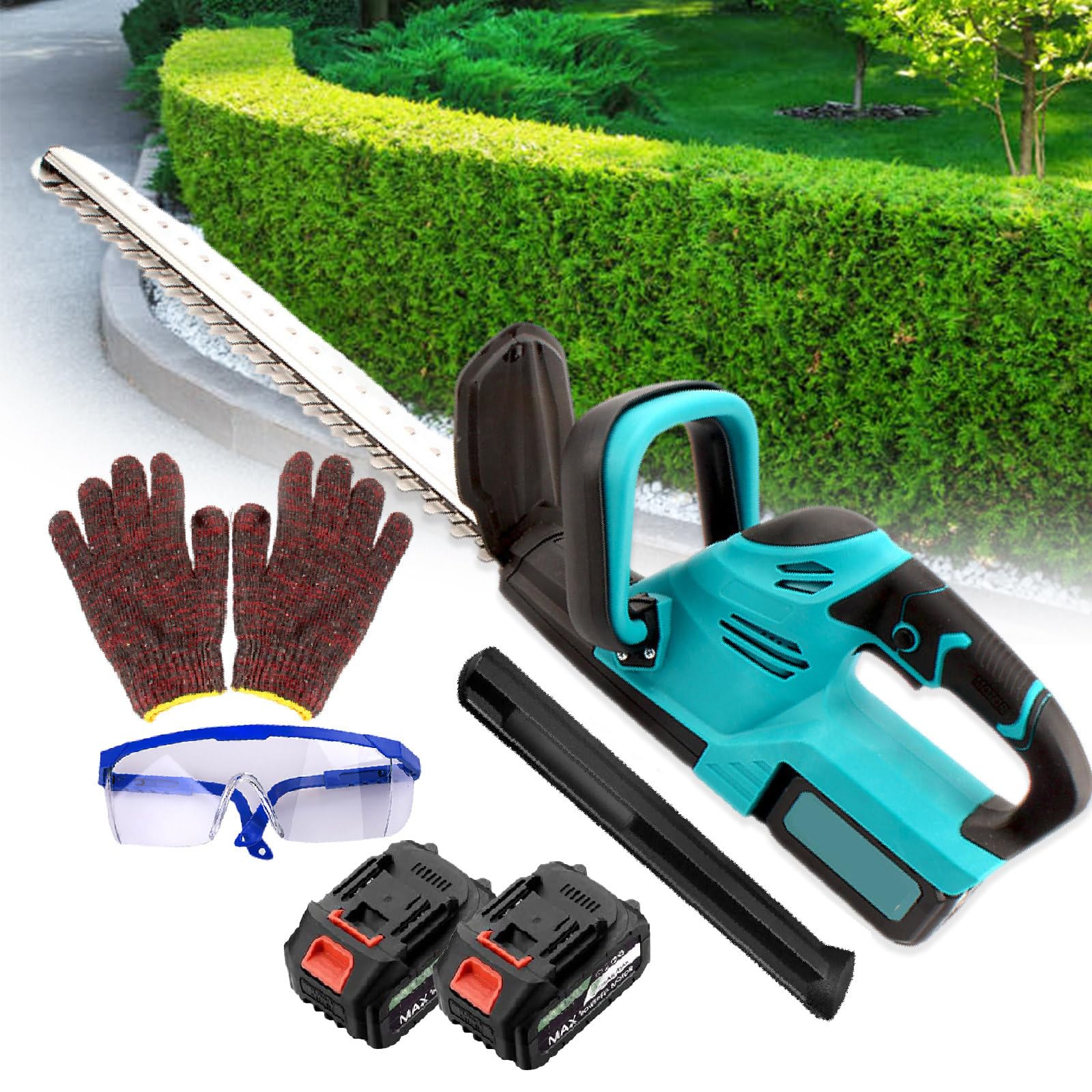 Tijeras De Césped Y Recortadoras De Arbustos Inalámbricas De 21 V,Con Un Par Guantes Y Gafas Protectoras,Cuchilla Doble Acción 19 Pulgadas,Agarre Goma,Para Jardín,Césped Y Césped,2batteries