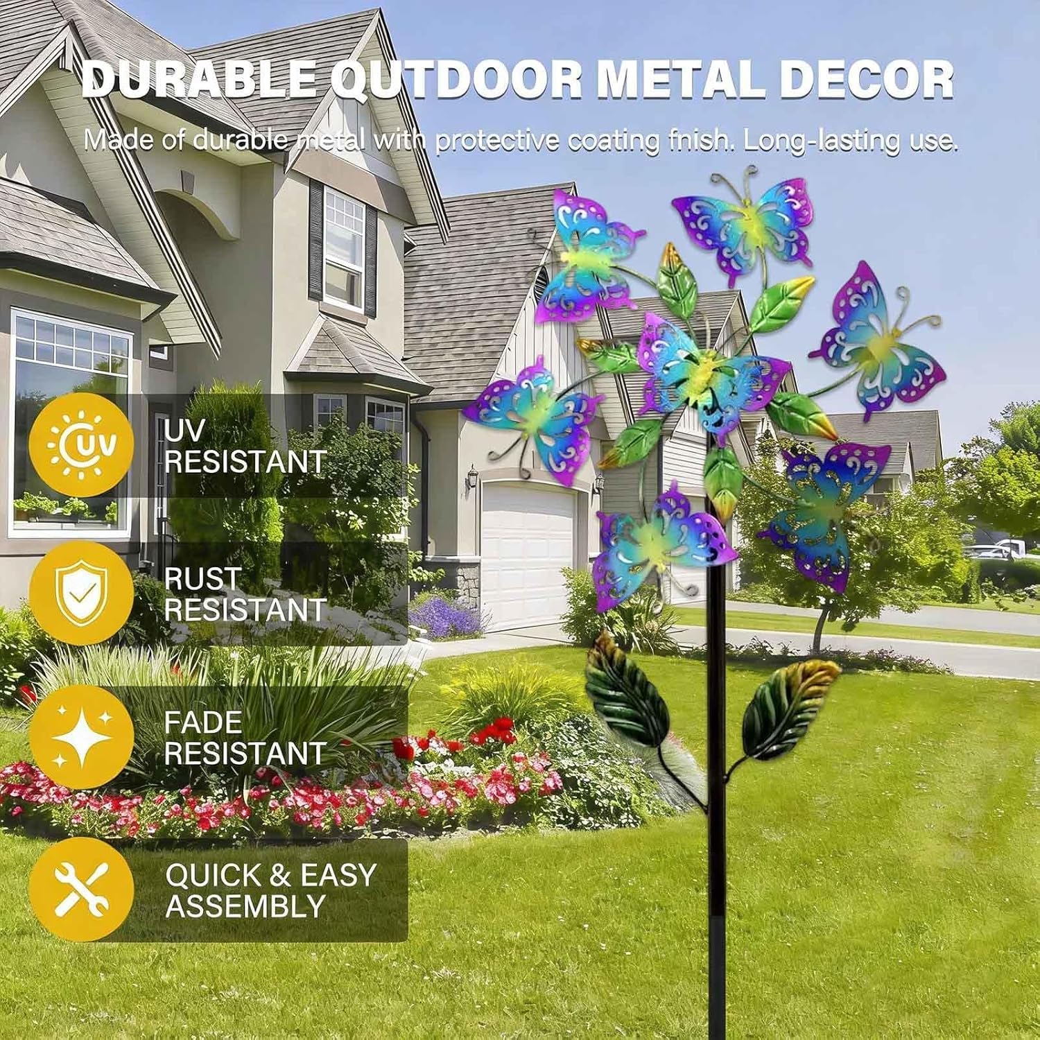 Butterfly Garden Wind Spinners for Yard, 46 inch/117cm Metal Windmill 3D Wind Spinner, Butterfly Wind Spinner Ideal Lovely Gift for Family Friends,B（2Packs）