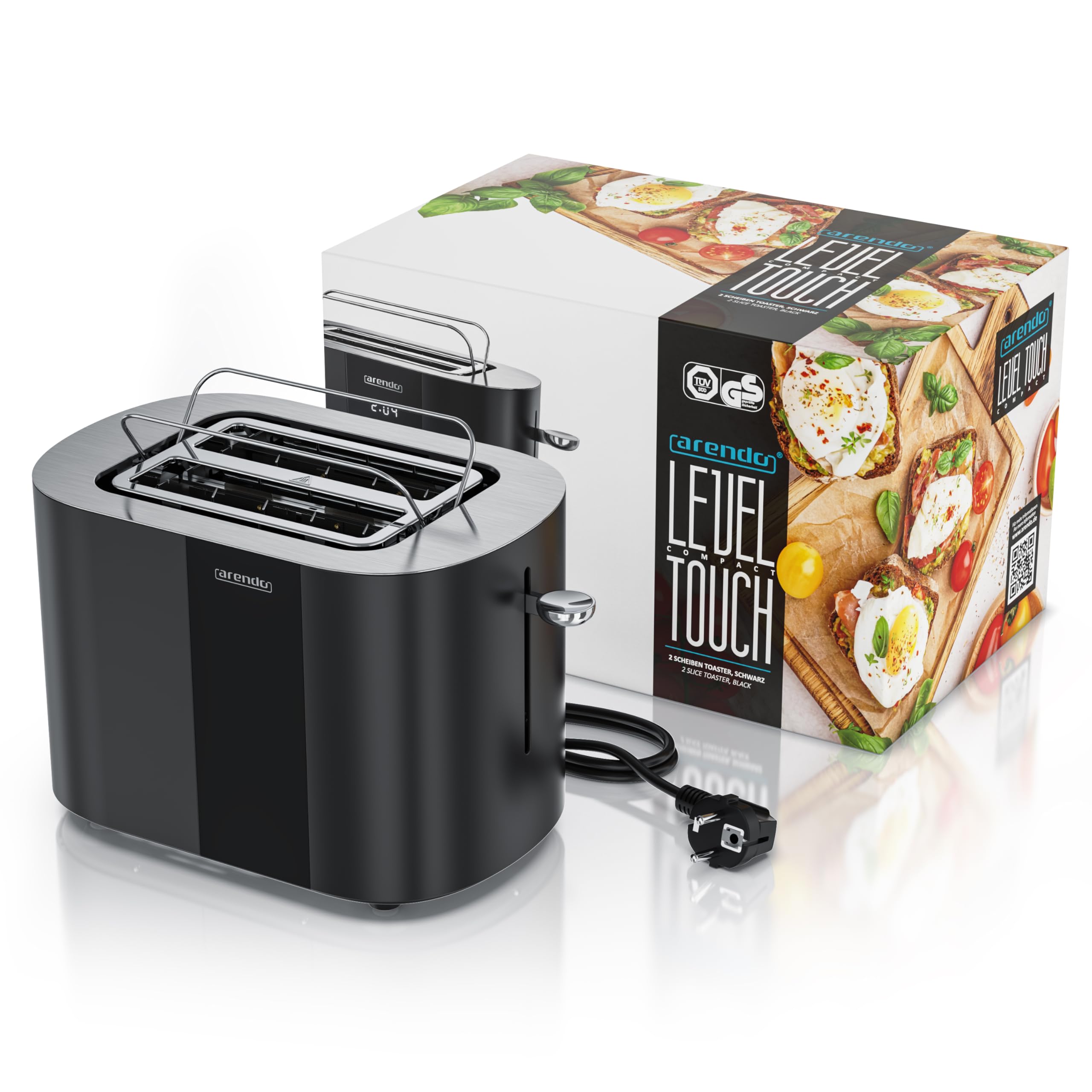 Arendo - Edelstahl Toaster 2 Scheiben - Touchscreen – Doppelwandgehäuse – 800 W – Integrierter Brötchenaufsatz – 6 Bräunungsgrade – Brotzentrierung – Restzeitanzeige – Memoryfunktion